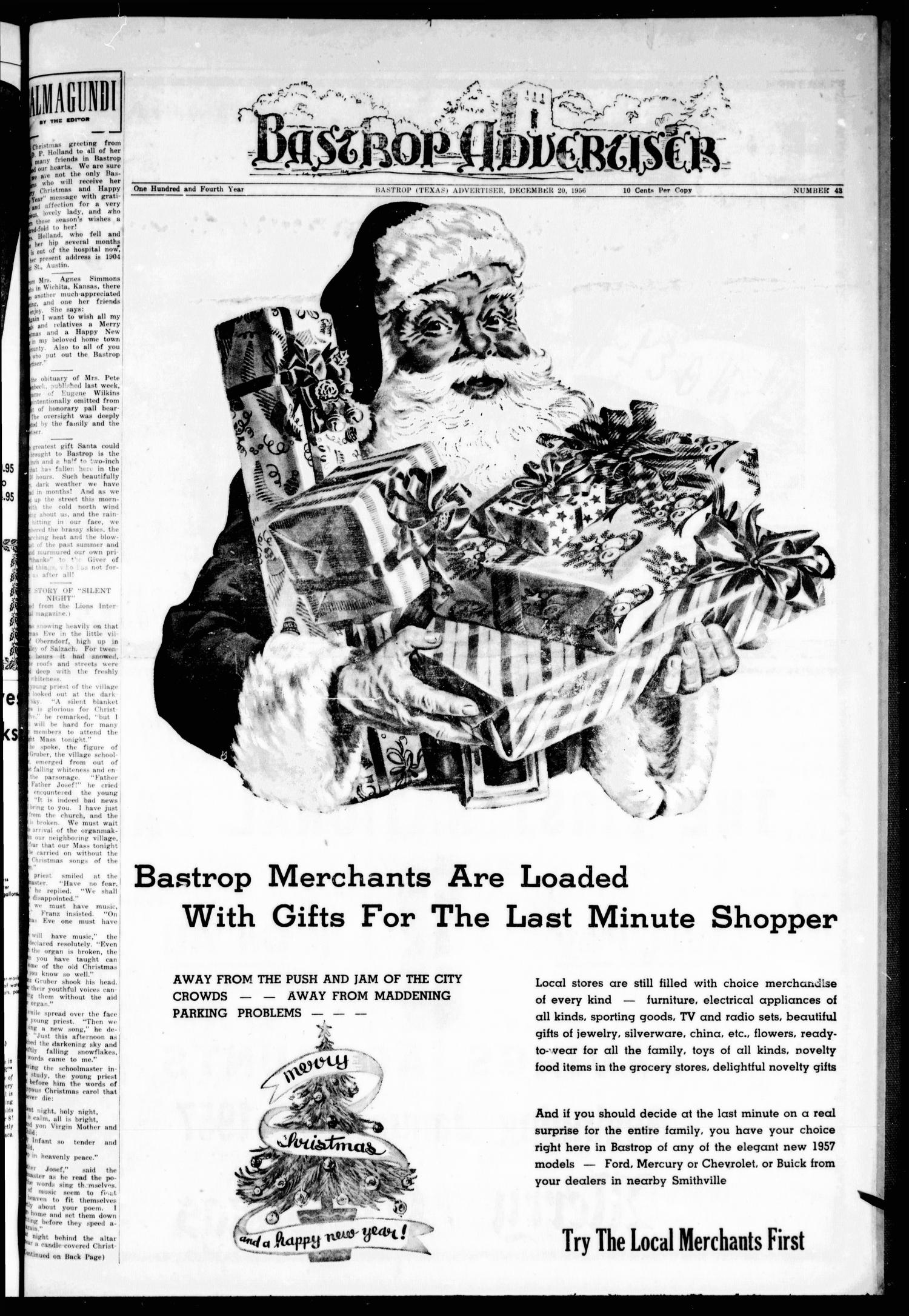 Bastrop Advertiser (Bastrop, Tex.), Vol. 104, No. 43, Ed. 1 Thursday, December 20, 1956
                                                
                                                    [Sequence #]: 1 of 16
                                                