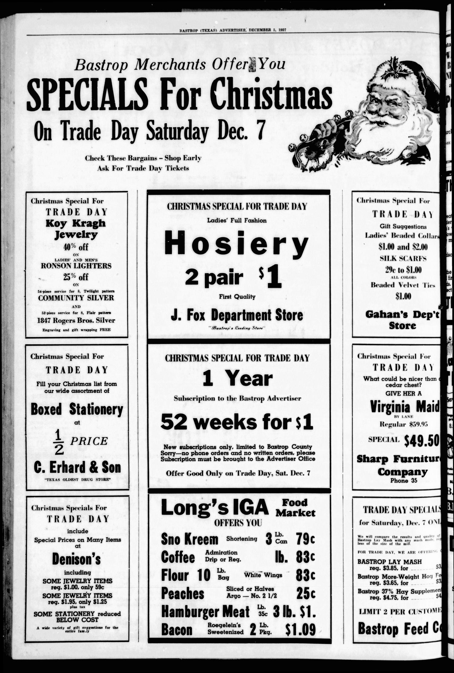 Bastrop Advertiser (Bastrop, Tex.), Vol. 105, No. 40, Ed. 1 Thursday, December 5, 1957
                                                
                                                    [Sequence #]: 4 of 8
                                                
