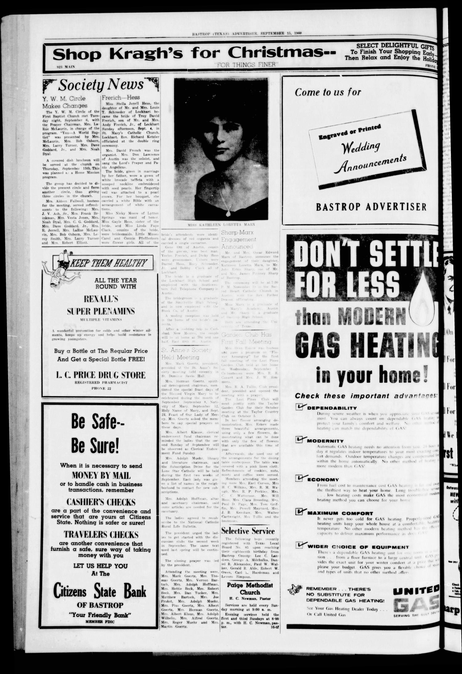 Bastrop Advertiser (Bastrop, Tex.), Vol. 108, No. 29, Ed. 1 Thursday, September 15, 1960
                                                
                                                    [Sequence #]: 4 of 8
                                                