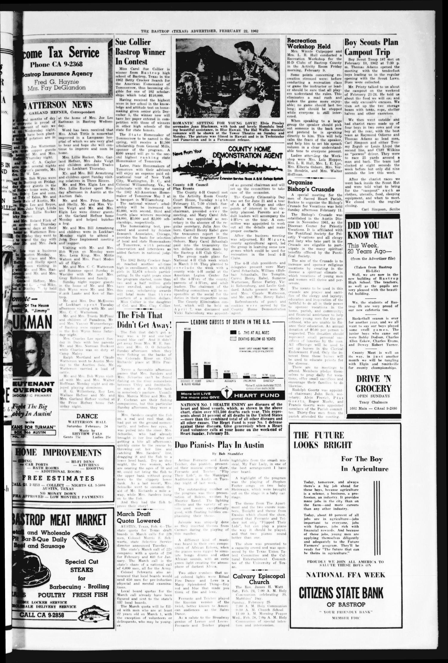 Bastrop Advertiser (Bastrop, Tex.), Vol. 109, No. 52, Ed. 1 Thursday, February 22, 1962
                                                
                                                    [Sequence #]: 5 of 8
                                                