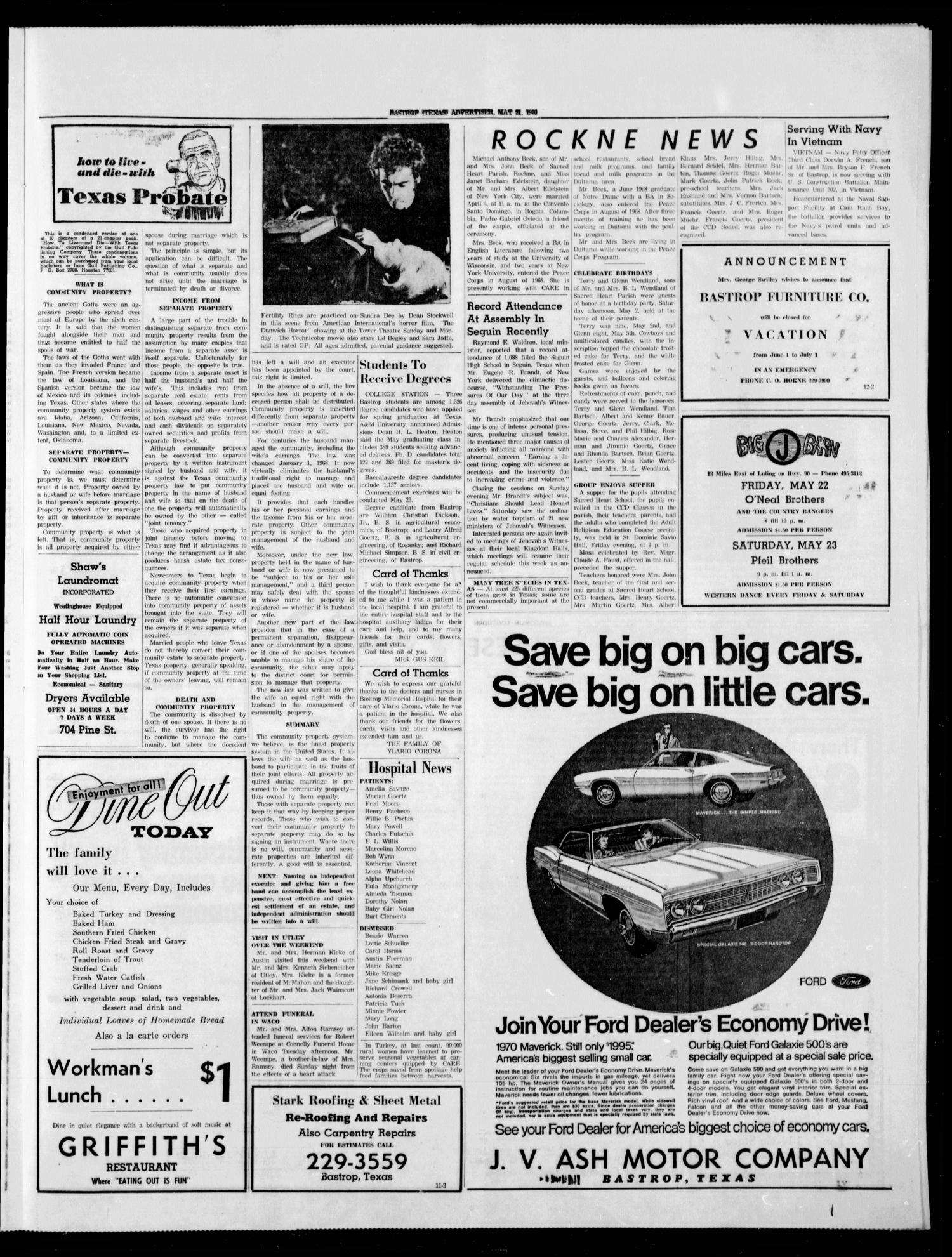 Bastrop Advertiser and Bastrop County News (Bastrop, Tex.), Vol. [117], No. 12, Ed. 1 Thursday, May 21, 1970
                                                
                                                    [Sequence #]: 5 of 8
                                                