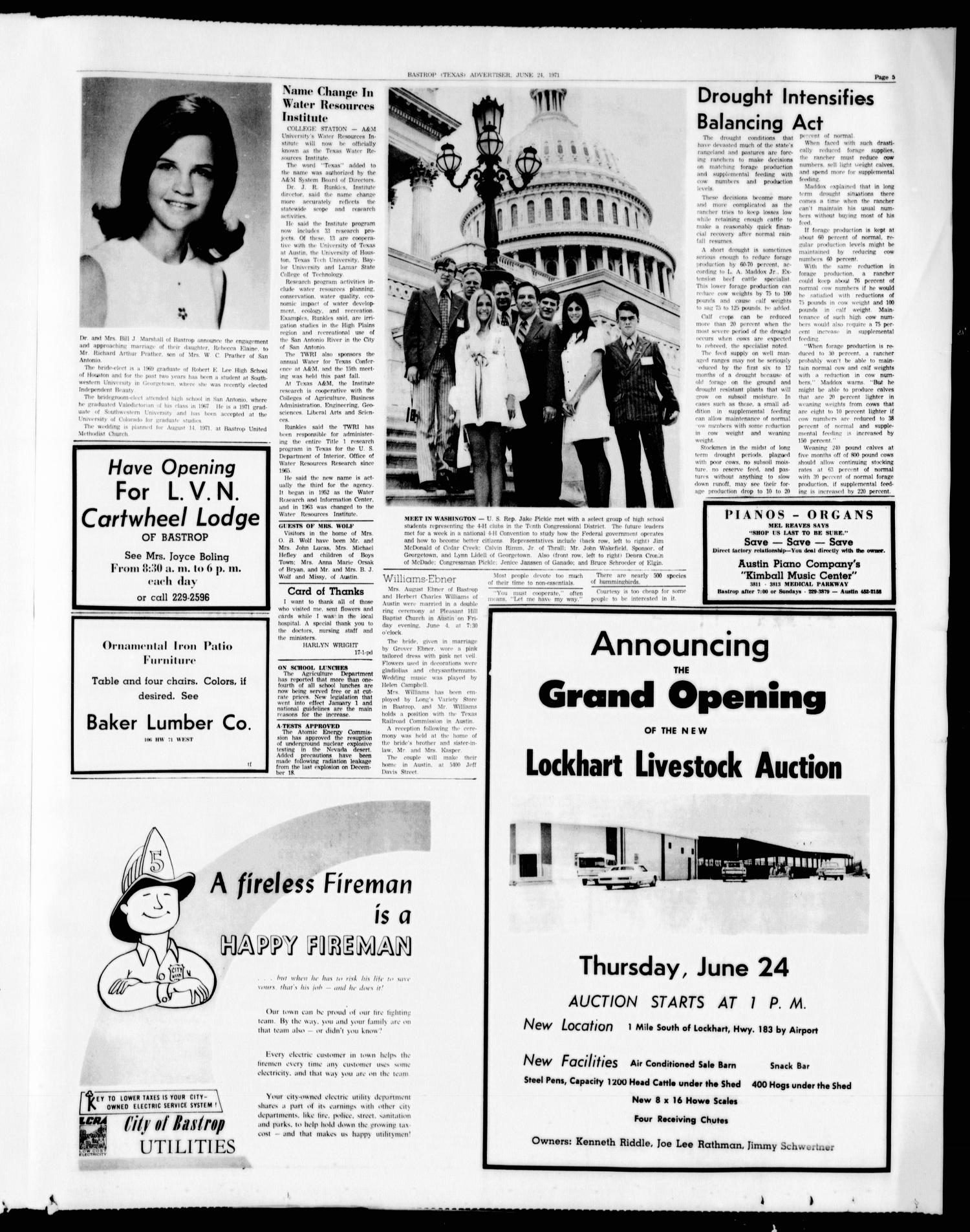Bastrop Advertiser and Bastrop County News (Bastrop, Tex.), Vol. [118], No. 17, Ed. 1 Thursday, June 24, 1971
                                                
                                                    [Sequence #]: 5 of 8
                                                