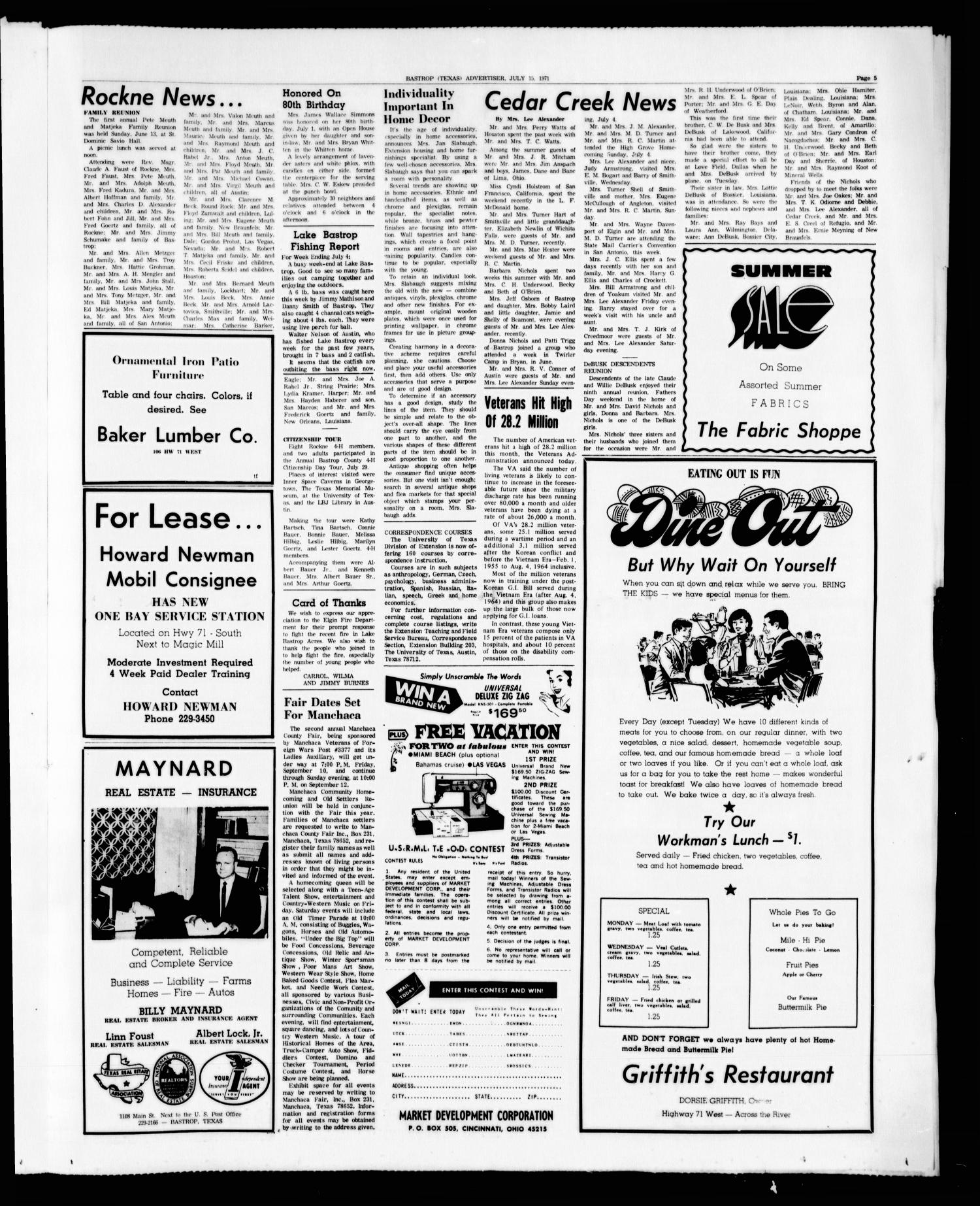 Bastrop Advertiser and Bastrop County News (Bastrop, Tex.), Vol. [118], No. 20, Ed. 1 Thursday, July 15, 1971
                                                
                                                    [Sequence #]: 5 of 8
                                                