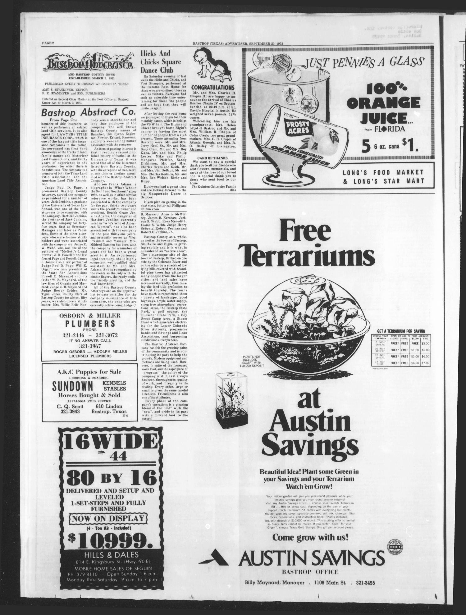 Bastrop Advertiser and Bastrop County News (Bastrop, Tex.), Vol. [120], No. 30, Ed. 1 Thursday, September 20, 1973
                                                
                                                    [Sequence #]: 2 of 12
                                                