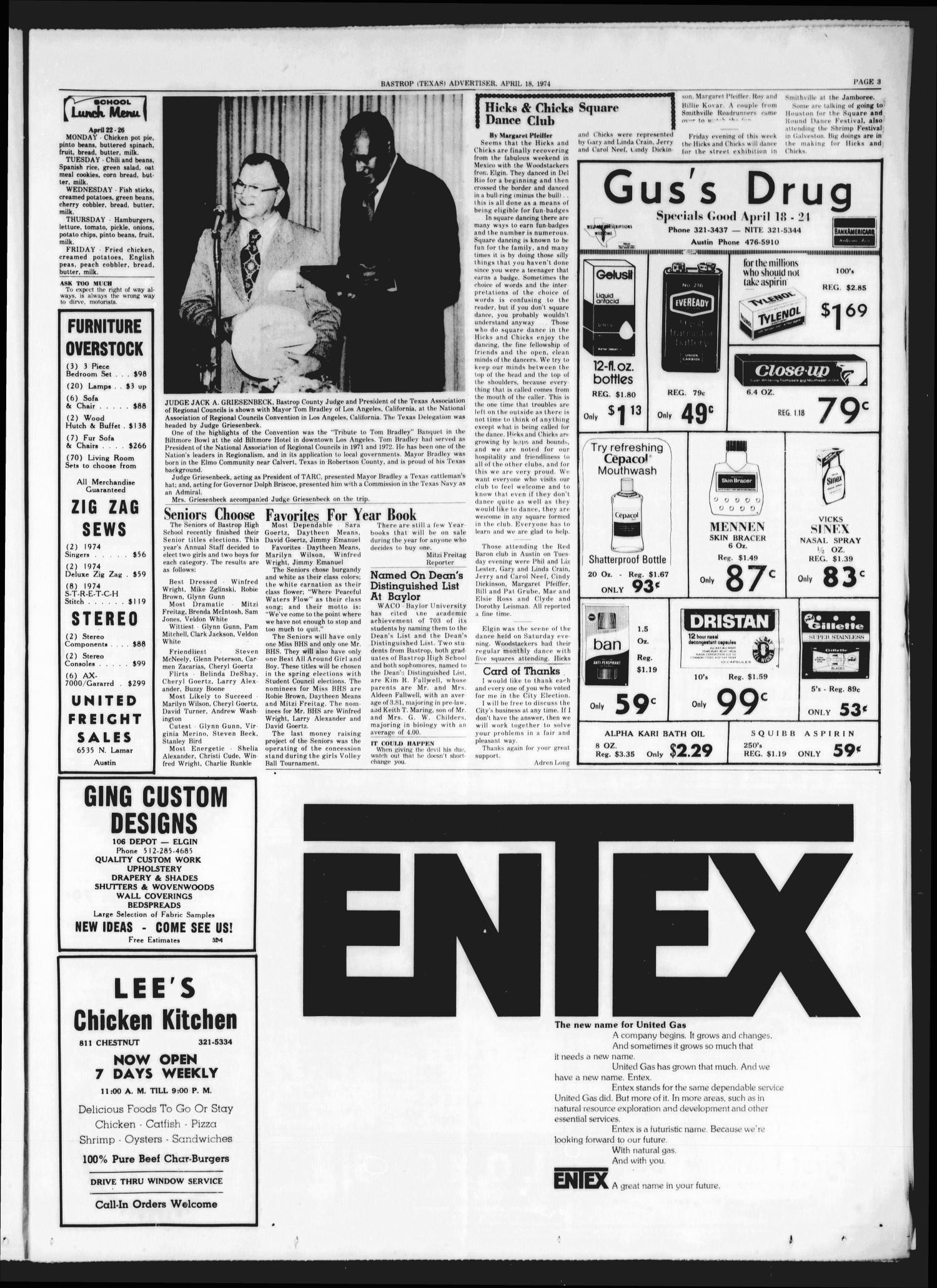 Bastrop Advertiser and Bastrop County News (Bastrop, Tex.), Vol. [121], No. 7, Ed. 1 Thursday, April 18, 1974
                                                
                                                    [Sequence #]: 3 of 10
                                                