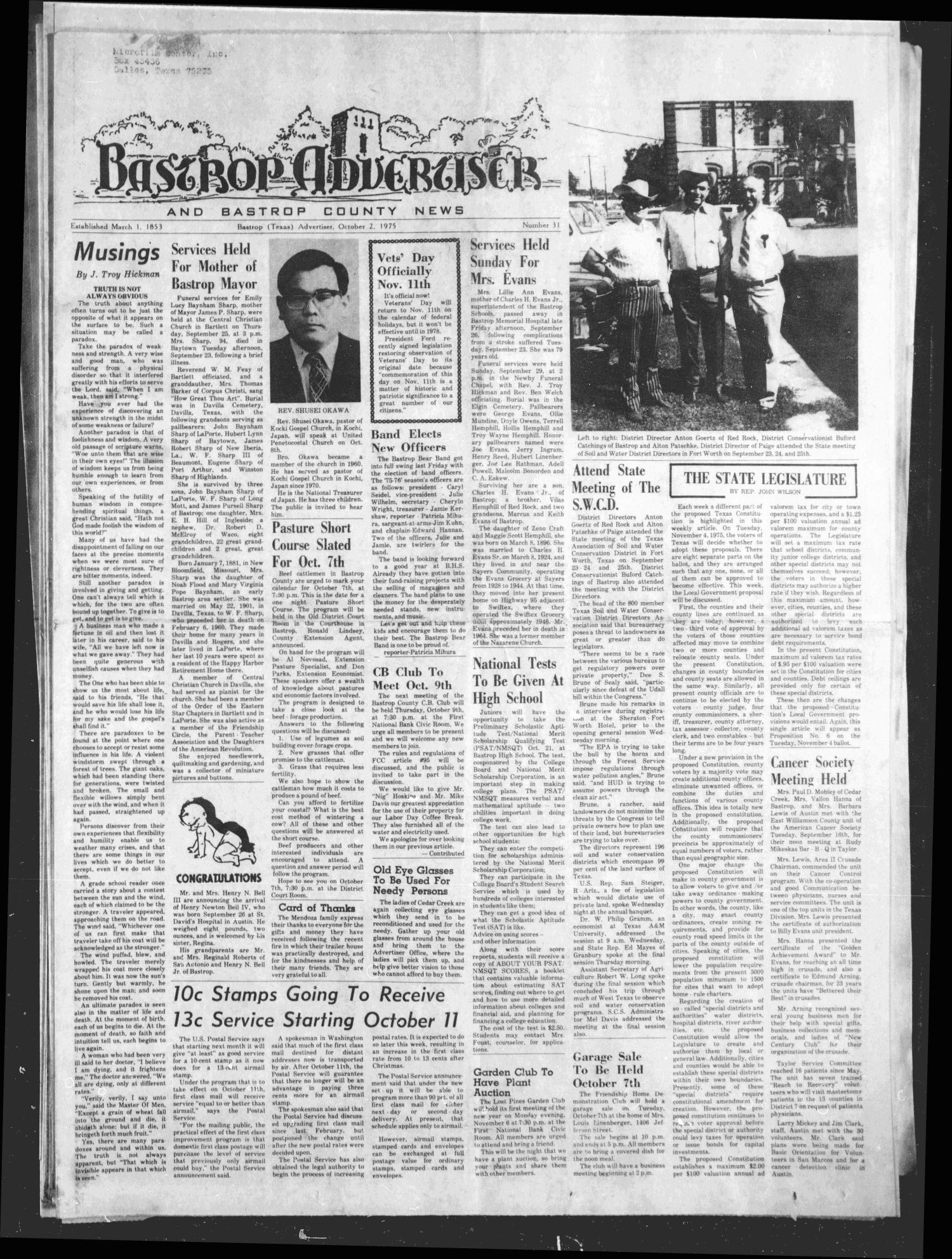 Bastrop Advertiser and Bastrop County News (Bastrop, Tex.), Vol. [122], No. 31, Ed. 1 Thursday, October 2, 1975
                                                
                                                    [Sequence #]: 1 of 32
                                                