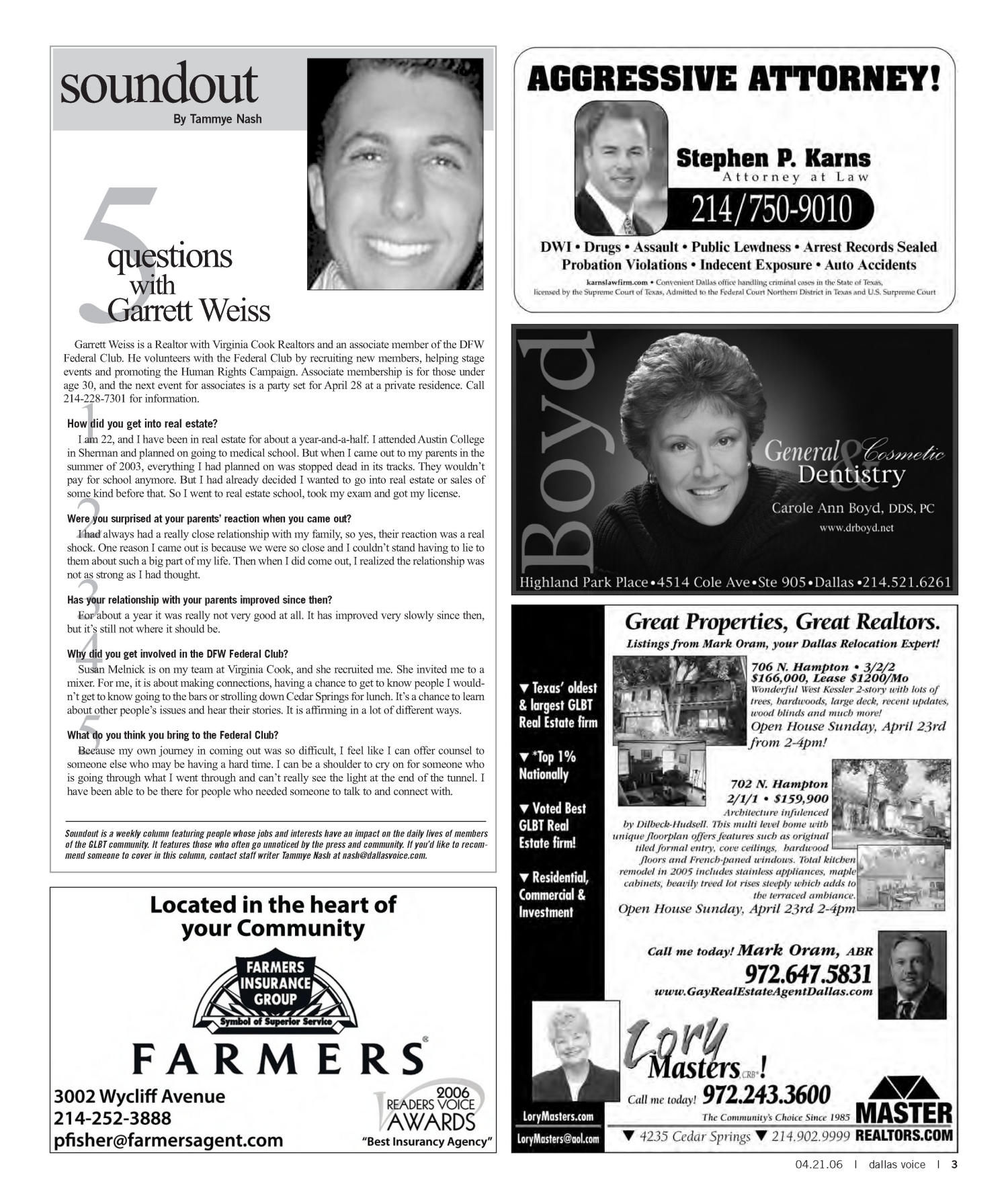 Dallas Voice (Dallas, Tex.), Vol. 22, No. 49, Ed. 1 Friday, April 21, 2006
                                                
                                                    [Sequence #]: 3 of 92
                                                