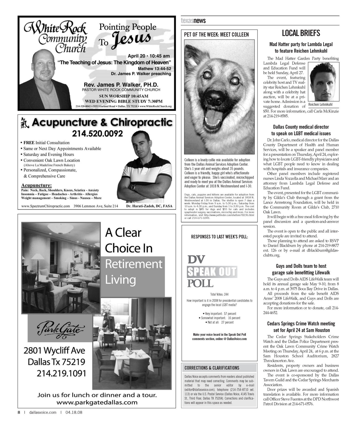 Dallas Voice (Dallas, Tex.), Vol. 24, No. 48, Ed. 1 Friday, April 18, 2008
                                                
                                                    [Sequence #]: 8 of 72
                                                