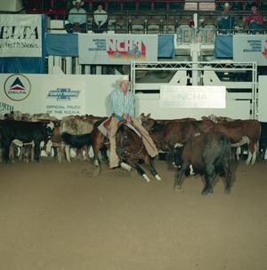 Un hombre con camisa a rayas y sombrero de vaquero monta un caballo, rodeado de un grupo de vacas.