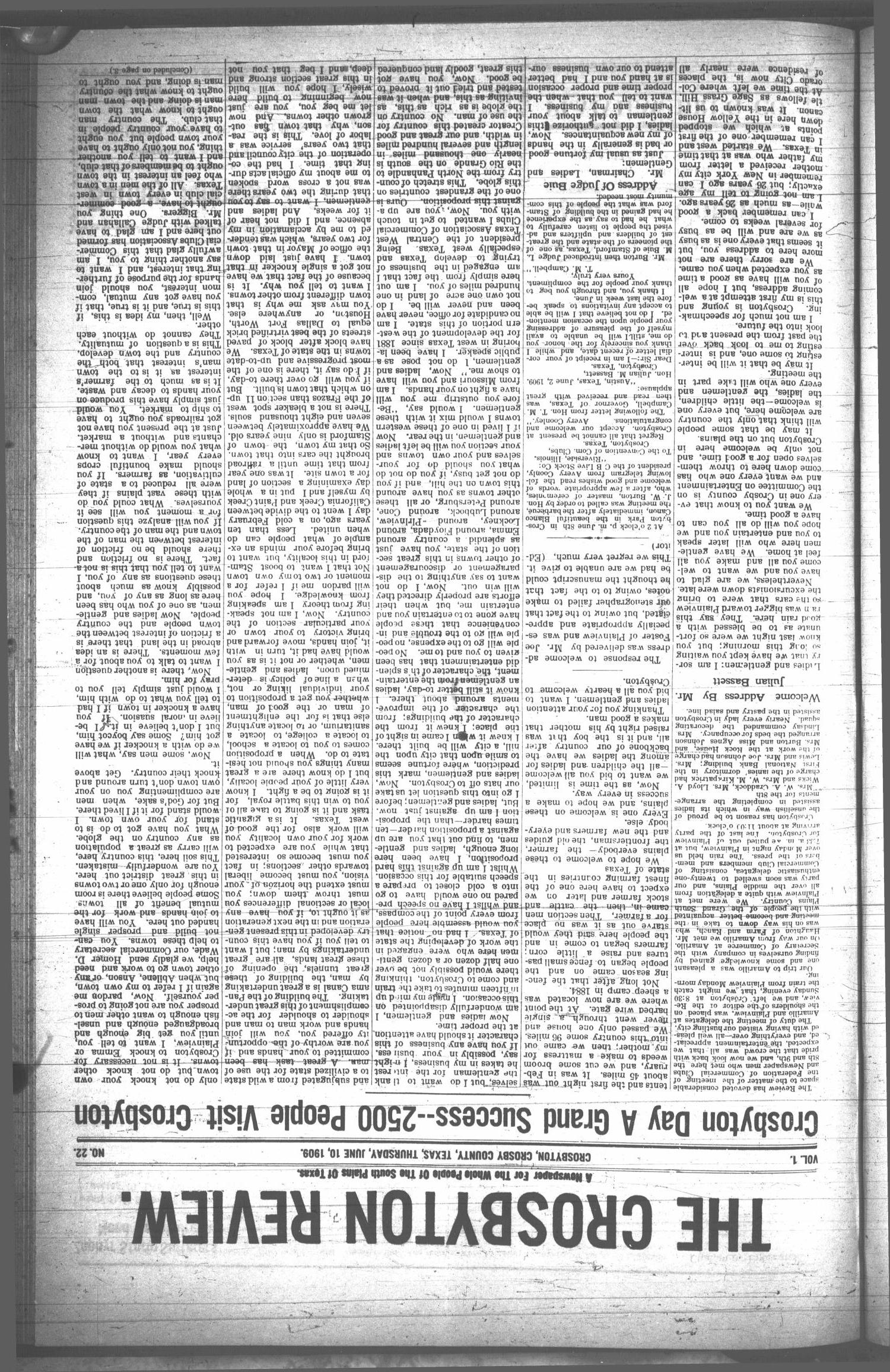 The Crosbyton Review. (Crosbyton, Tex.), Vol. 1, No. 22, Ed. 1 Thursday, June 10, 1909
                                                
                                                    [Sequence #]: 1 of 10
                                                