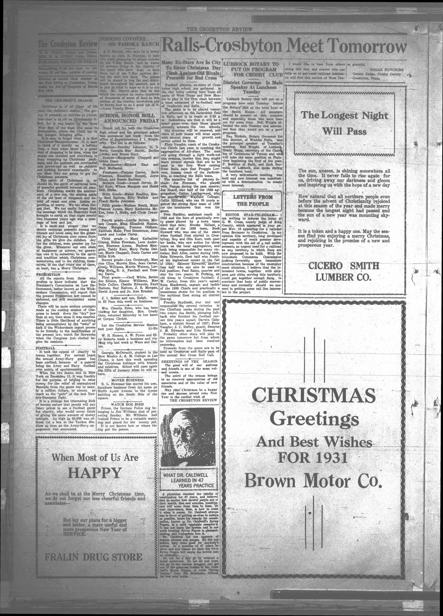 The Crosbyton Review. (Crosbyton, Tex.), Vol. 22, No. 51, Ed. 1 Friday, December 26, 1930
                                                
                                                    [Sequence #]: 2 of 6
                                                