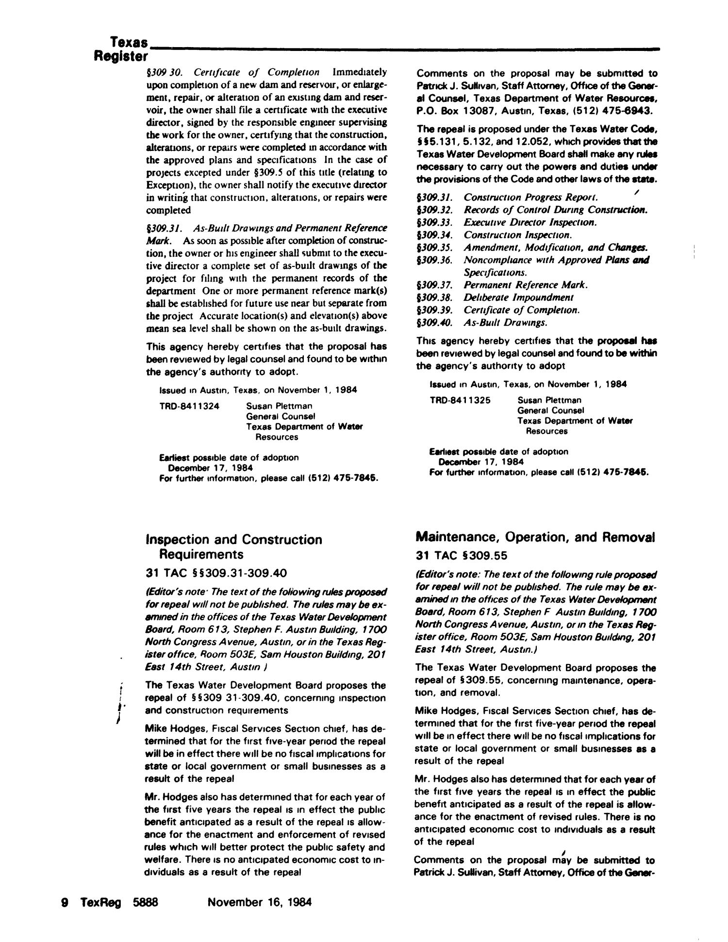 Texas Register, Volume 9, Number 86, Pages 5863 - 5954, November 16, 1984
                                                
                                                    5888
                                                