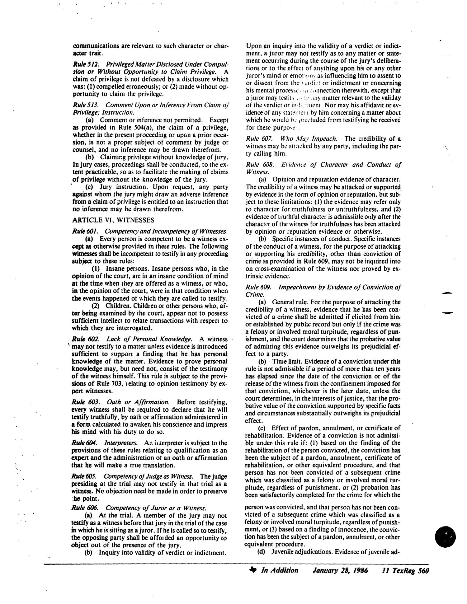 Texas Register, Volume 11, Number 8, Pages 484-569, January 28, 1986
                                                
                                                    560
                                                