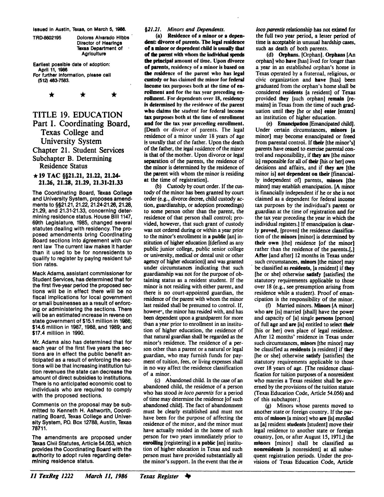 Texas Register, Volume 11, Number 19, Pages 1163-1244, March 11, 1986
                                                
                                                    1222
                                                