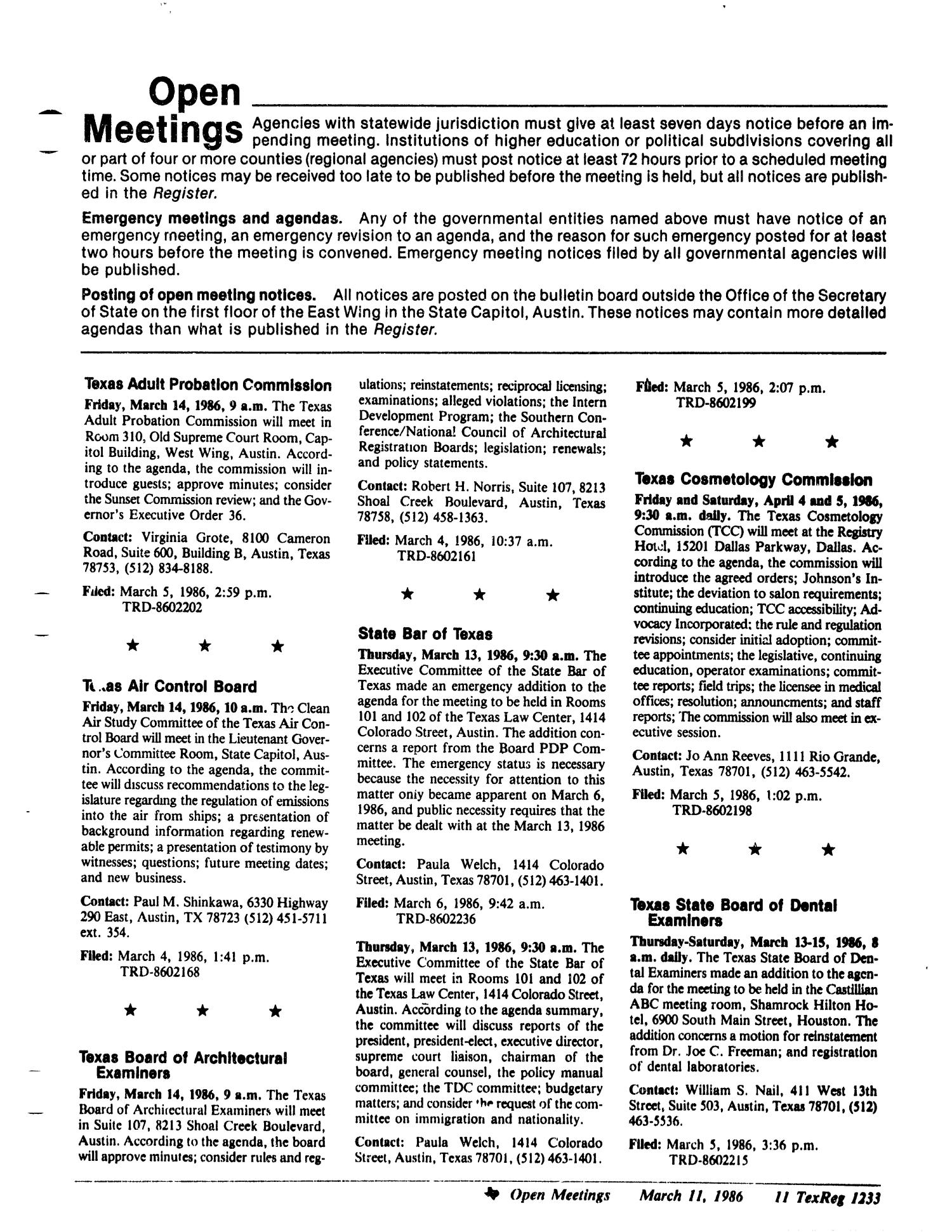Texas Register, Volume 11, Number 19, Pages 1163-1244, March 11, 1986
                                                
                                                    1233
                                                