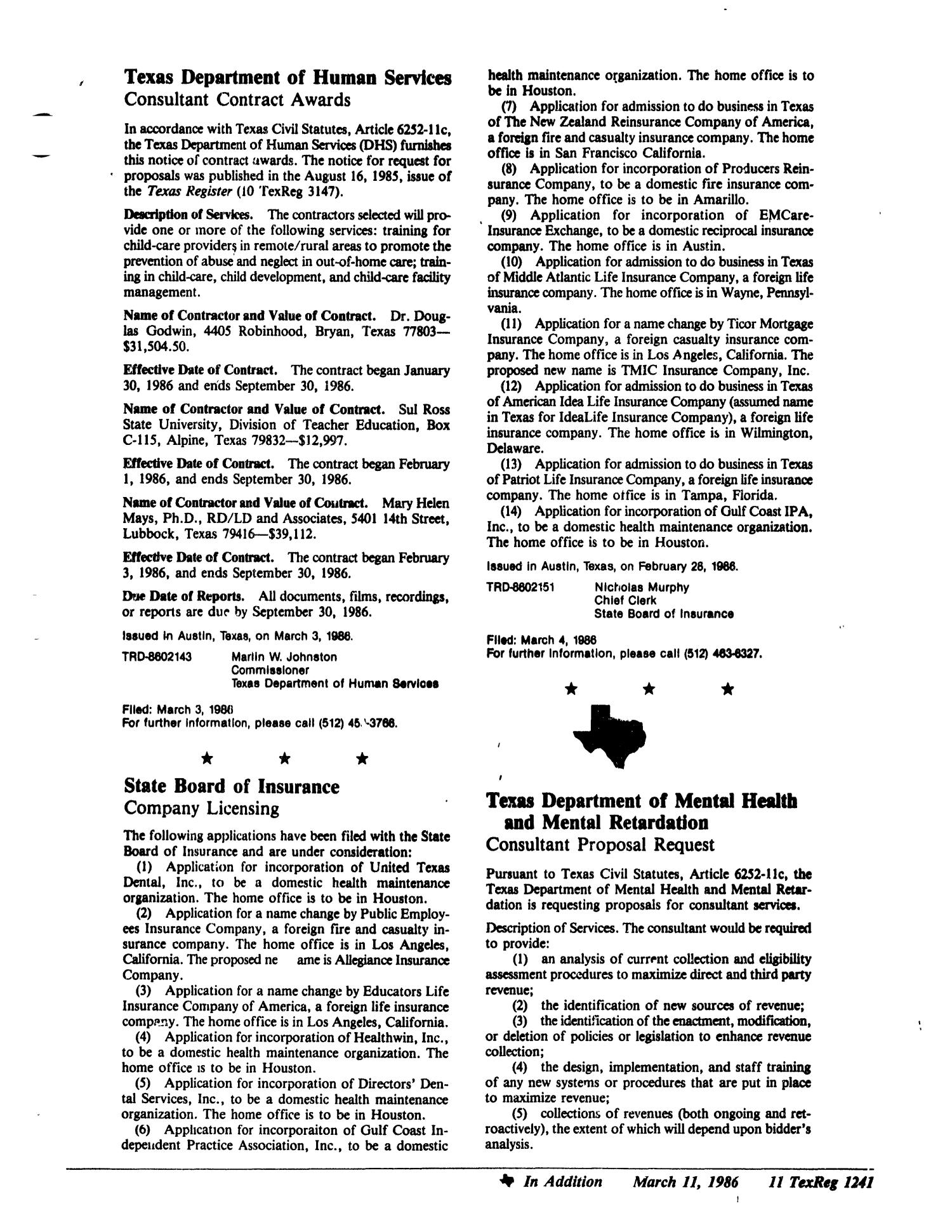 Texas Register, Volume 11, Number 19, Pages 1163-1244, March 11, 1986
                                                
                                                    1241
                                                