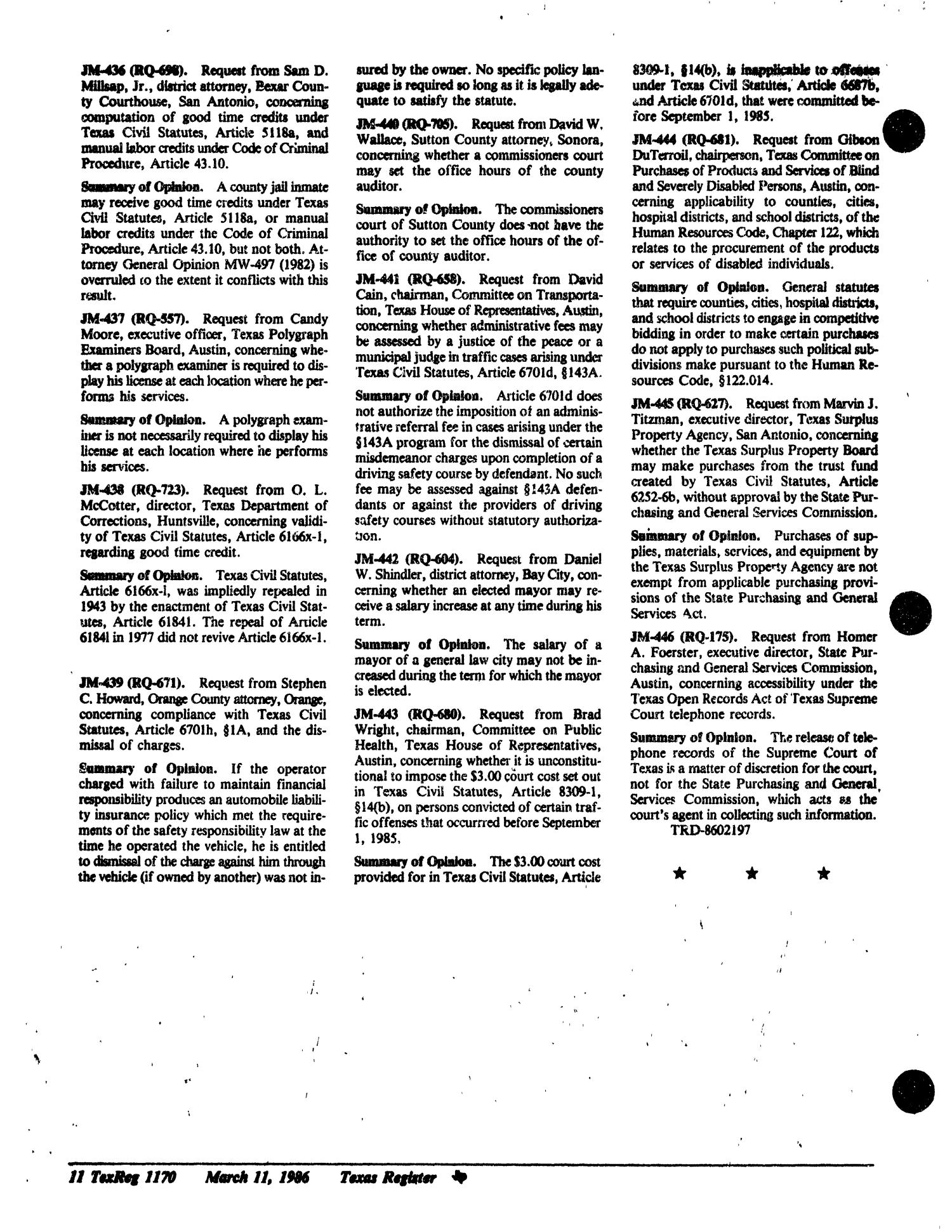 Texas Register, Volume 11, Number 19, Pages 1163-1244, March 11, 1986
                                                
                                                    1170
                                                