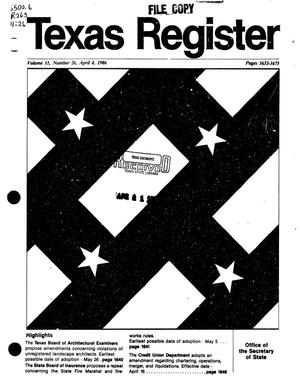 Primary view of object titled 'Texas Register, Volume 11, Number 26, Pages 1633-1673, April 4, 1986'.