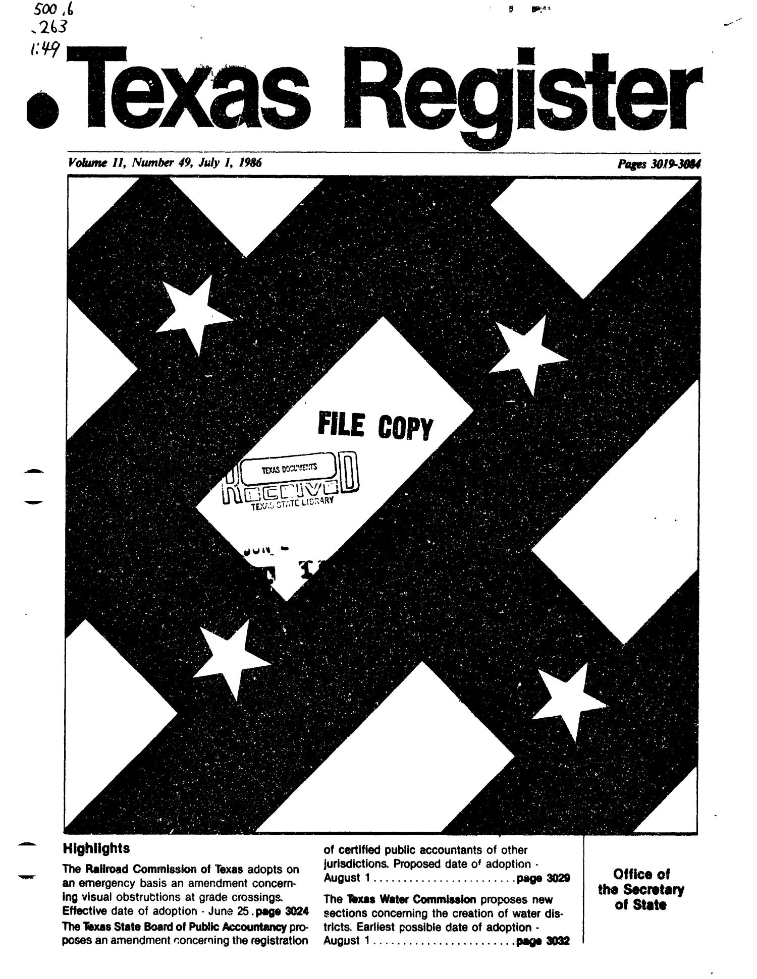Texas Register, Volume 11, Number 49, Pages 3019-3084, July 1, 1986
                                                
                                                    Title Page
                                                