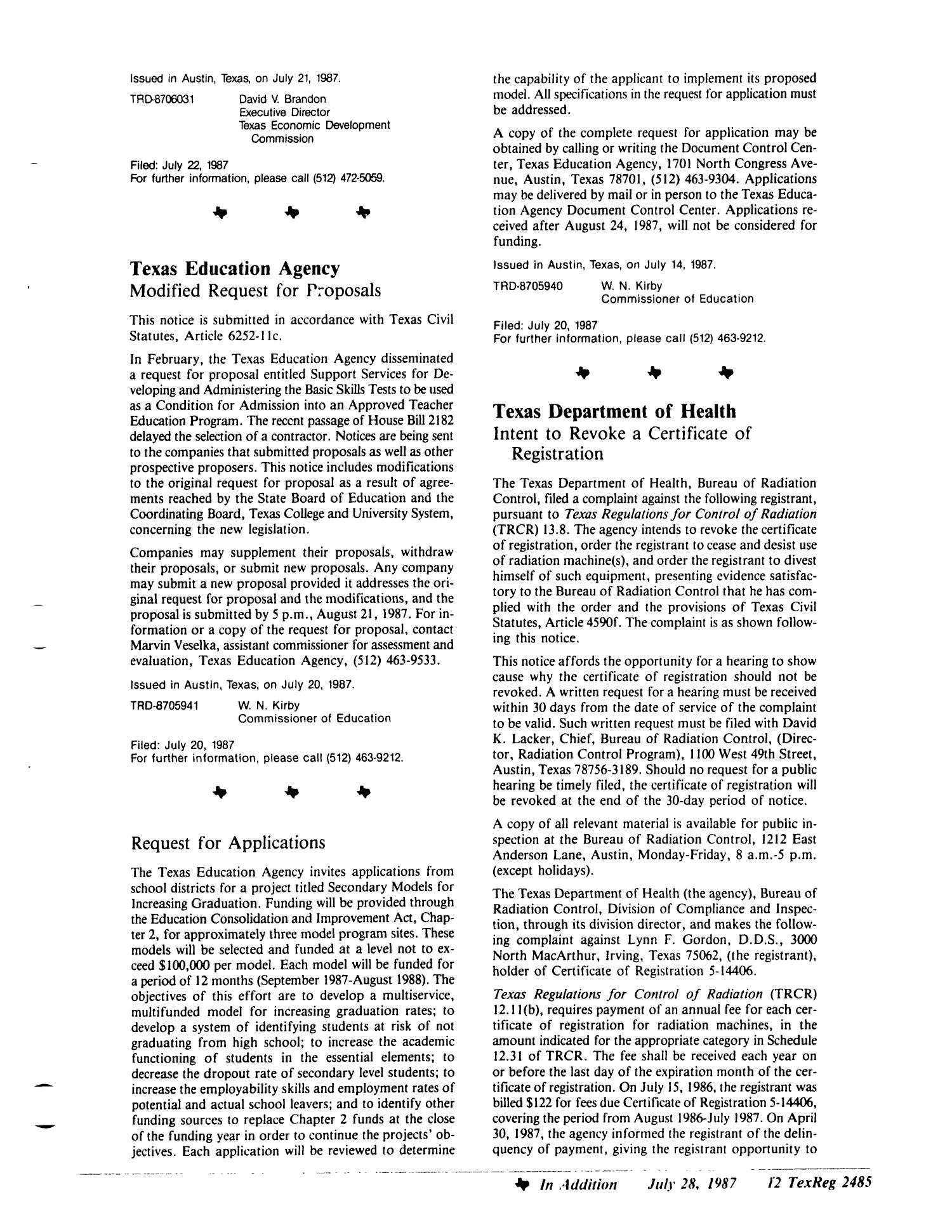 Texas Register, Volume 12, Number 57, Pages 2453-2487, July 28, 1987
                                                
                                                    2485
                                                