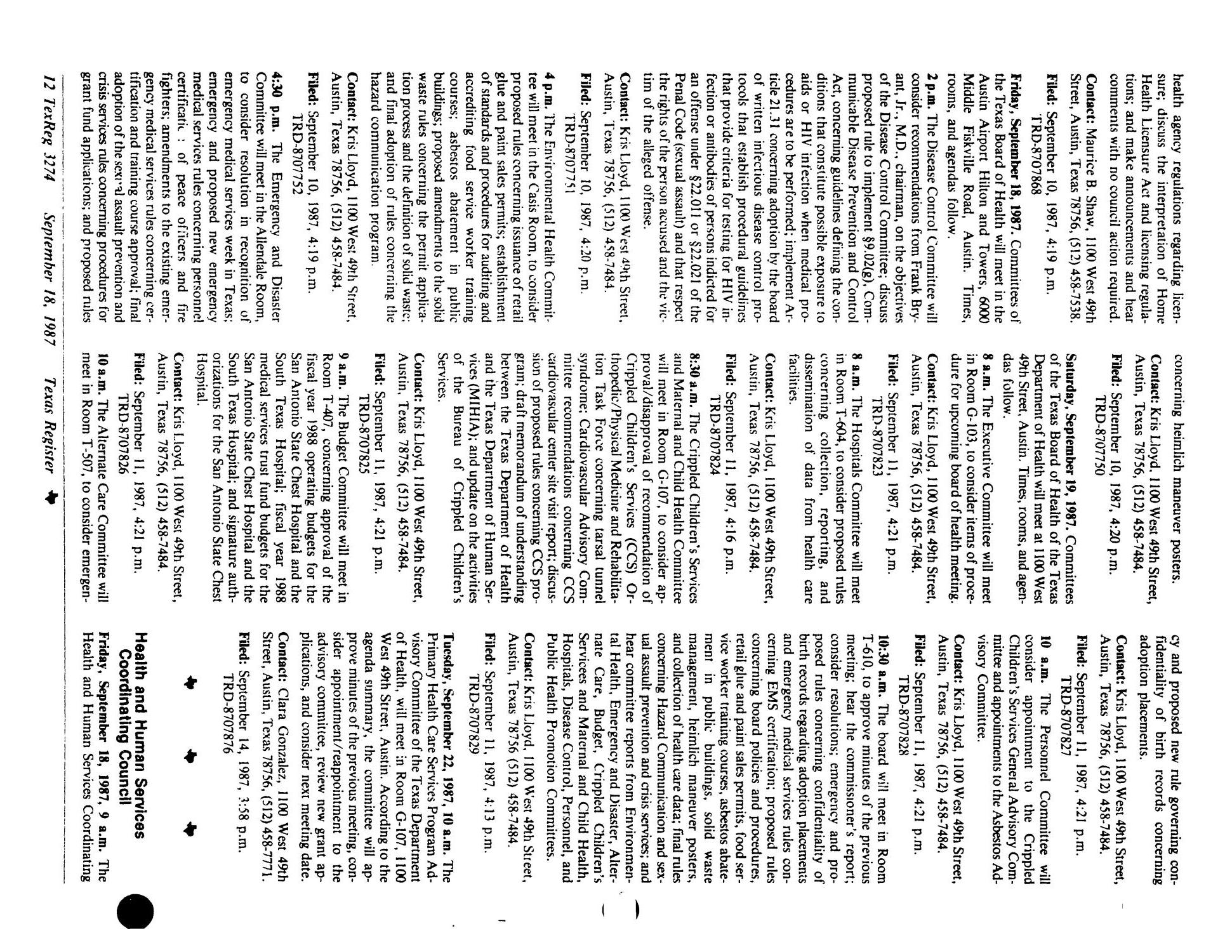 Texas Register, Volume 12, Number 70, Pages 3237-3293, September 18, 1987
                                                
                                                    3274
                                                