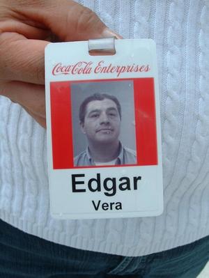 Primary view of object titled '[Close-up of Edgar Vera's name badge]'.
