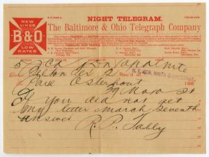 [Telegraph Message from R. P. Talley to Paul Osterhout, December 2, 1884]