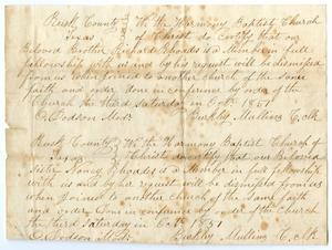 [Letter of Standing for Richard and Nancy Rhoades from Harmony Baptist Church, October, 1857]
