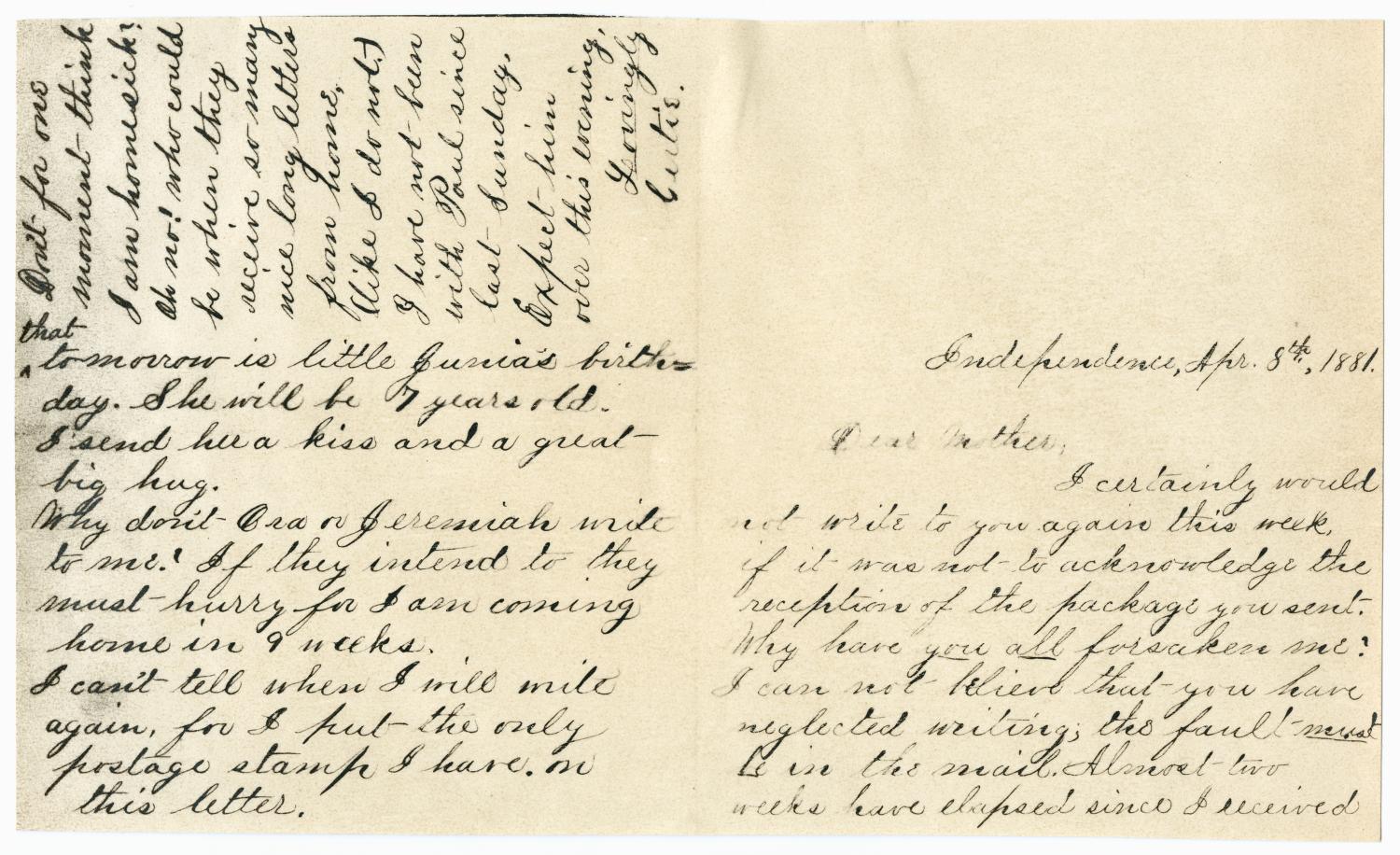 [Letter from Gertrude Osterhout to Junia Roberts Osterhout, April 8, 1881]
                                                
                                                    [Sequence #]: 1 of 4
                                                