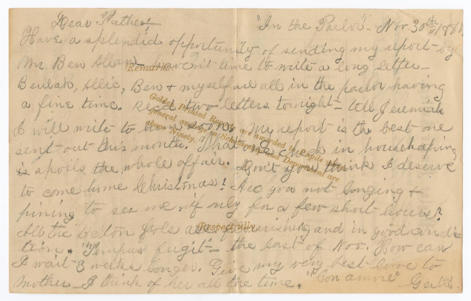 [Letter from Gertrude Osterhout to John Patterson Osterhout, November 30, 1881]
                                                
                                                    [Sequence #]: 1 of 2
                                                