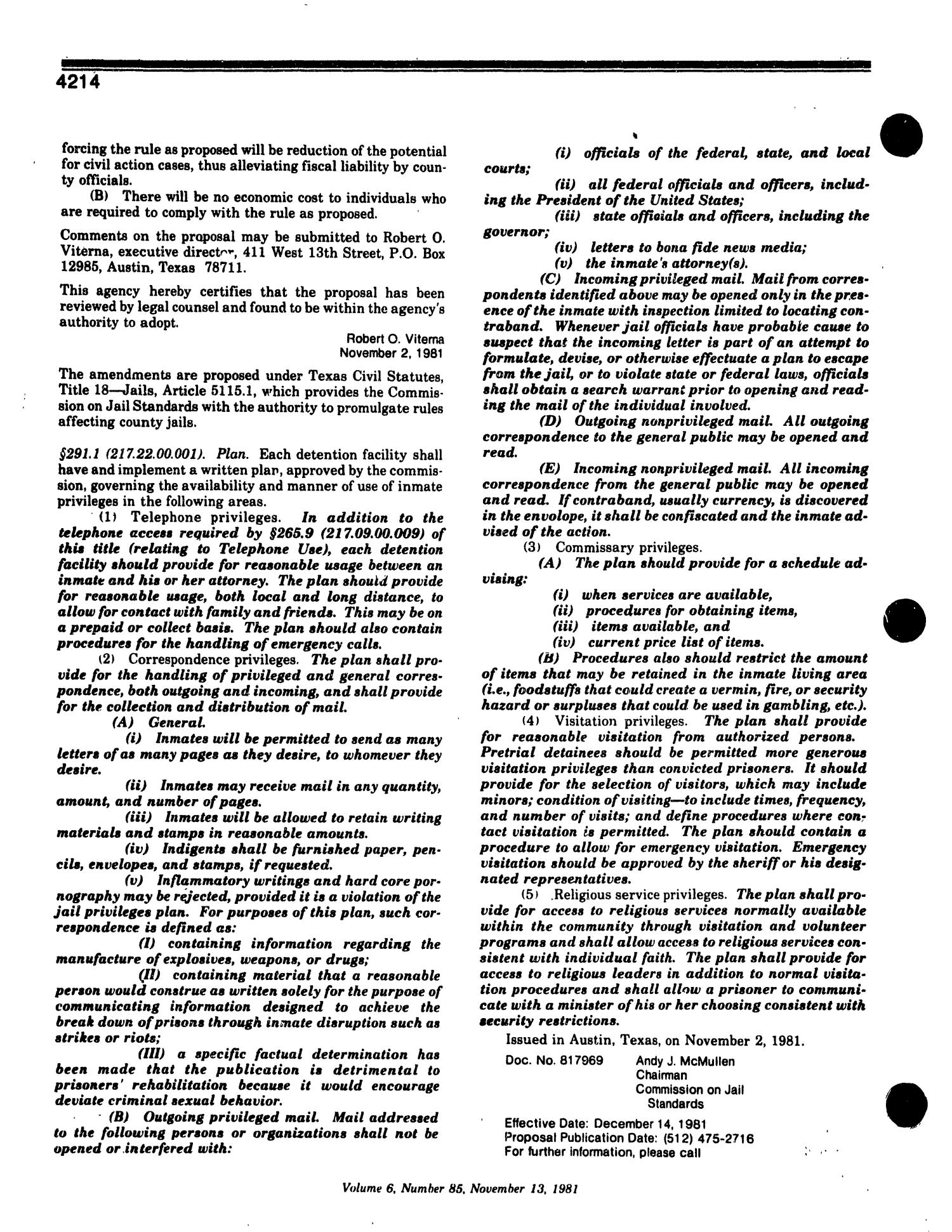 Texas Register, Volume 6, Number 85, Pages 4199-4238, November 13, 1981
                                                
                                                    4214
                                                