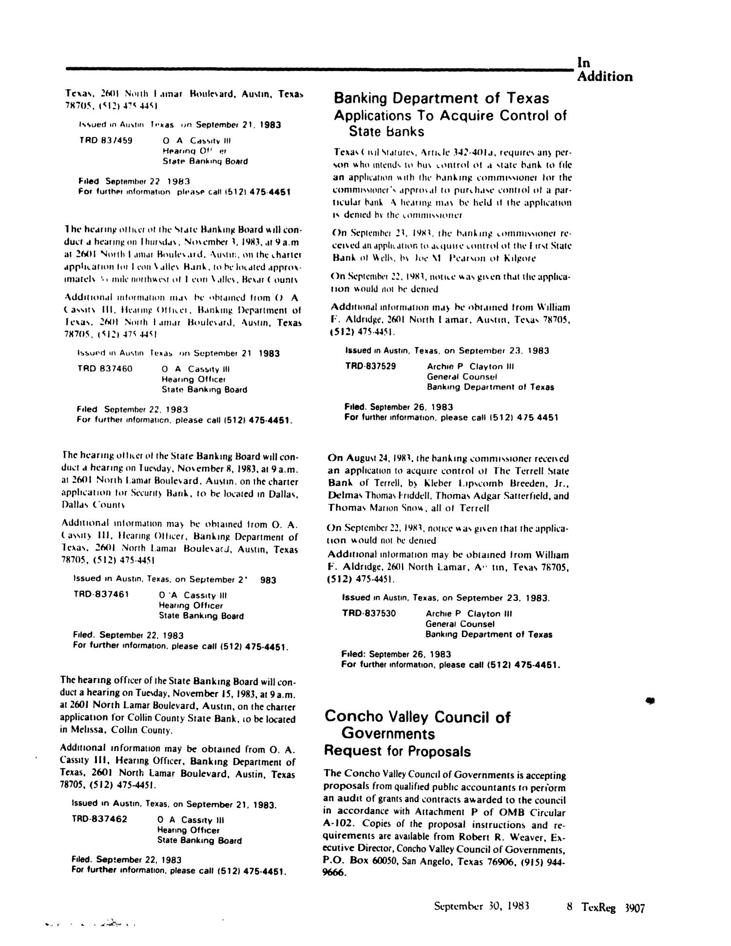 Texas Register, Volume 8, Number 72, Pages 3877-3914, September 30, 1983
                                                
                                                    3907
                                                