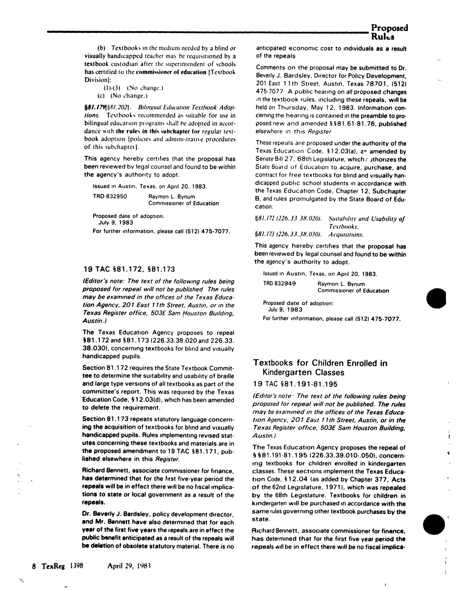Texas Register, Volume 8, Number 30, Pages 1363-1438, April 29, 1983
                                                
                                                    1398
                                                