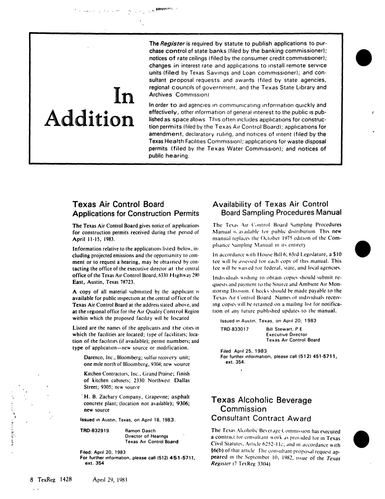 Texas Register, Volume 8, Number 30, Pages 1363-1438, April 29, 1983
                                                
                                                    1428
                                                
