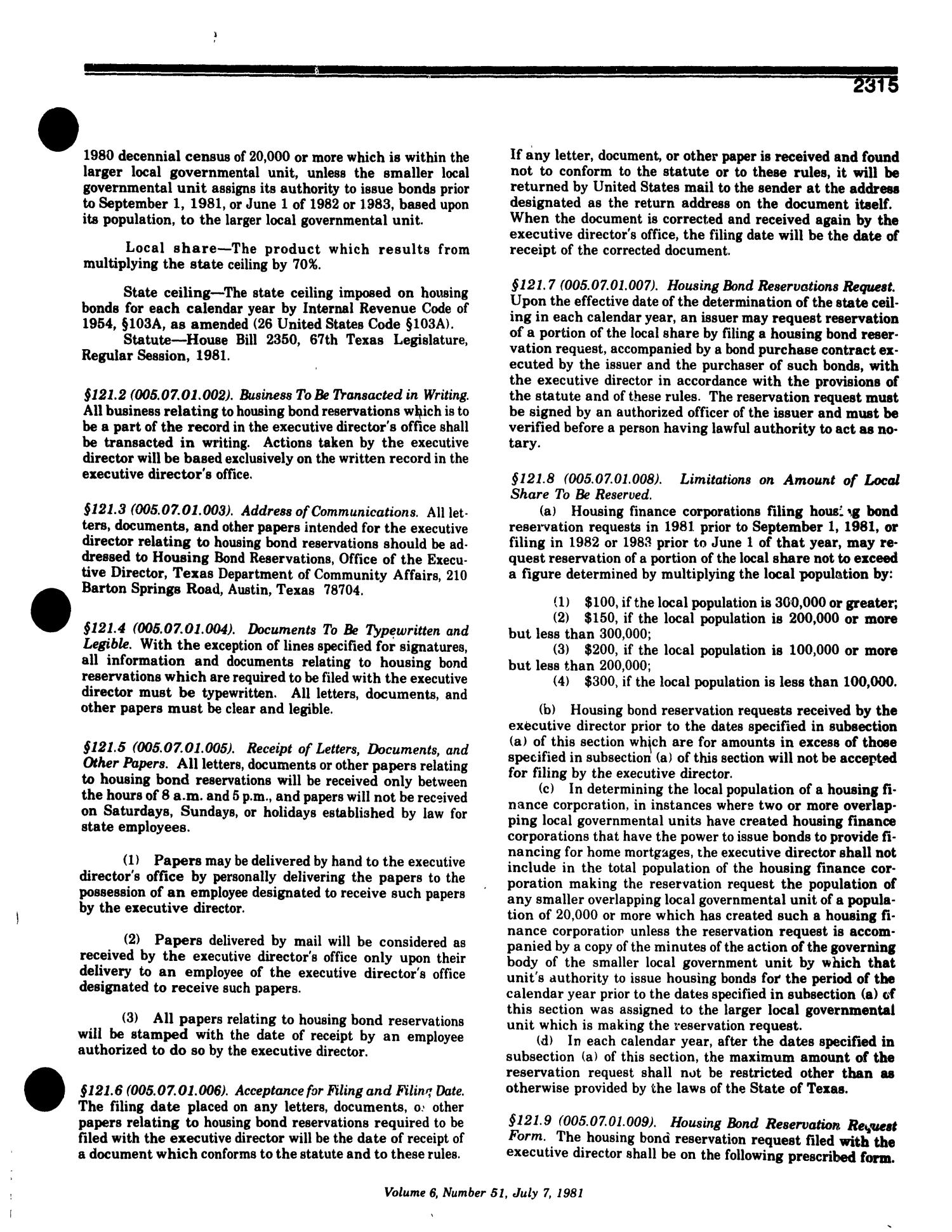 Texas Register, Volume 6, Number 51, Pages 2309-2366, July 7, 1981
                                                
                                                    2315
                                                