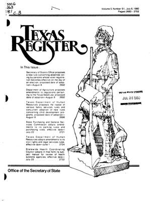 Primary view of object titled 'Texas Register, Volume 5, Number 51, Pages 2683-2752, July 8, 1980'.