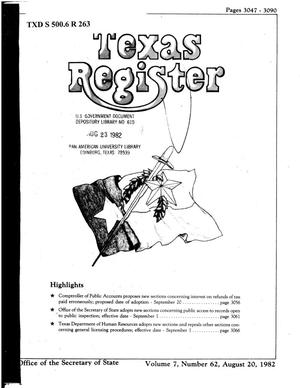 Primary view of object titled 'Texas Register, Volume 7, Number 62, Pages 3047-3090, August 20, 1982'.