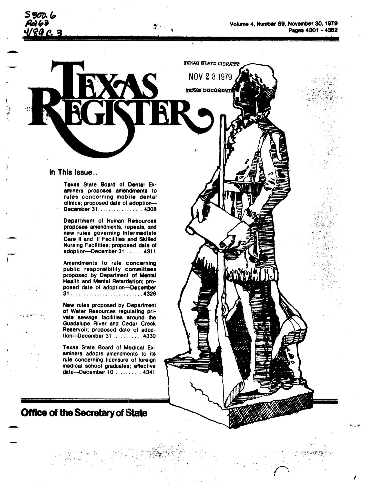 Texas Register, Volume 4, Number 89, Pages 4301-4362, November 30, 1979
                                                
                                                    Title Page
                                                