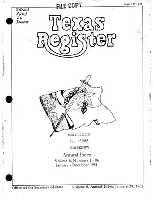 Texas Register, Volume 6, Annual Index, Pages 137-235, January 29, 1981
