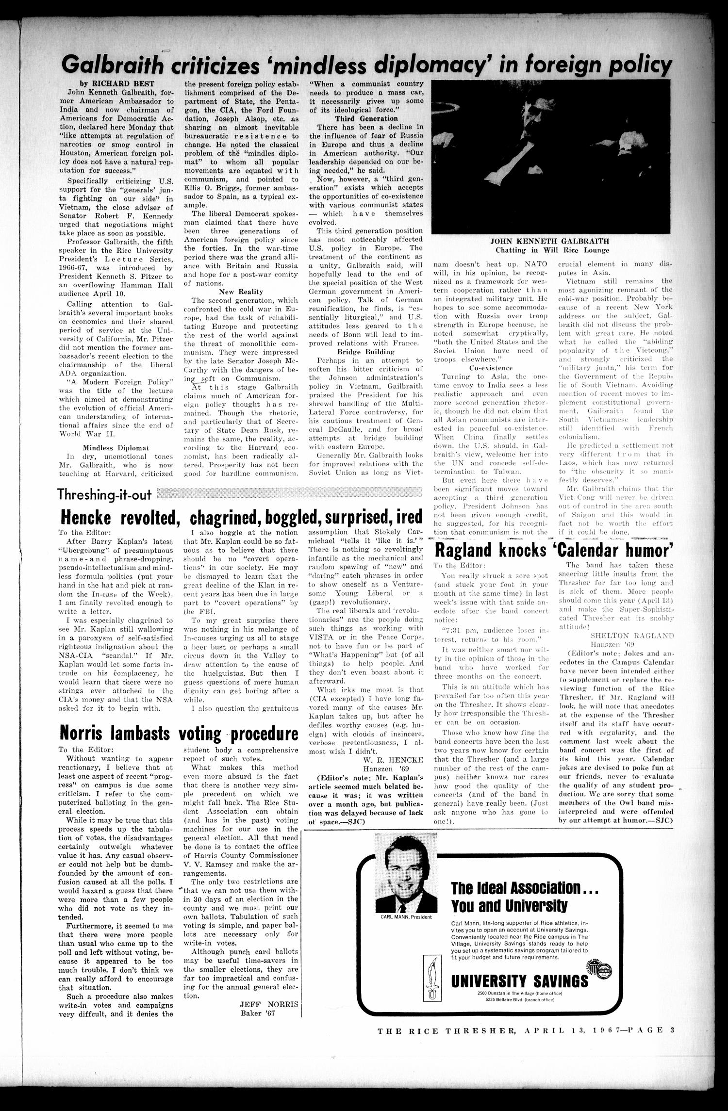 The Rice Thresher (Houston, Tex.), Vol. 54, No. 24, Ed. 1 Thursday, April 13, 1967
                                                
                                                    [Sequence #]: 3 of 8
                                                