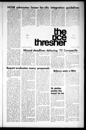 Primary view of object titled 'The Rice Thresher (Houston, Tex.), Vol. 60, No. 9, Ed. 1 Thursday, October 19, 1972'.