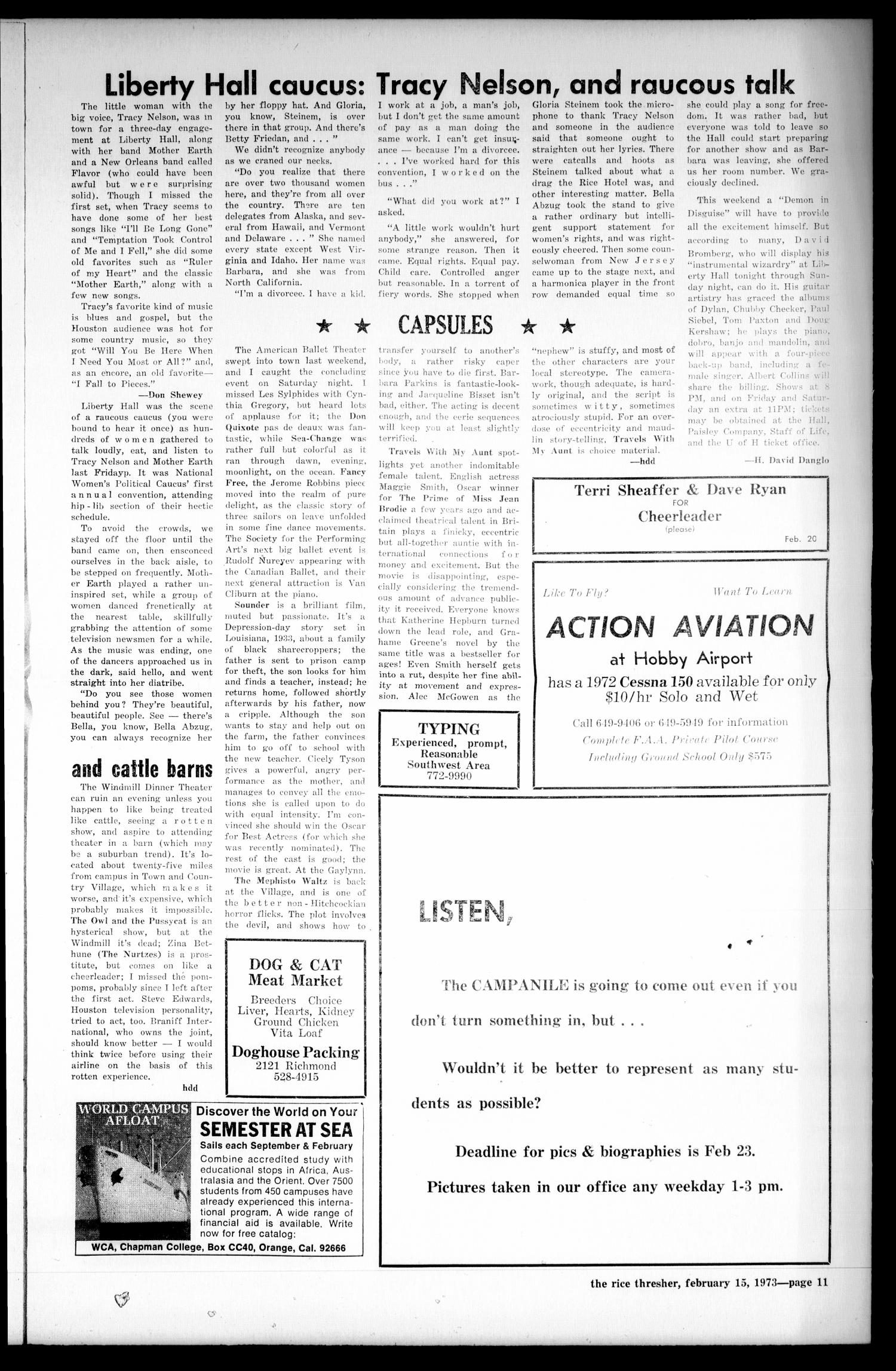 The Rice Thresher (Houston, Tex.), Vol. 60, No. 21, Ed. 1 Thursday, February 15, 1973
                                                
                                                    [Sequence #]: 11 of 14
                                                