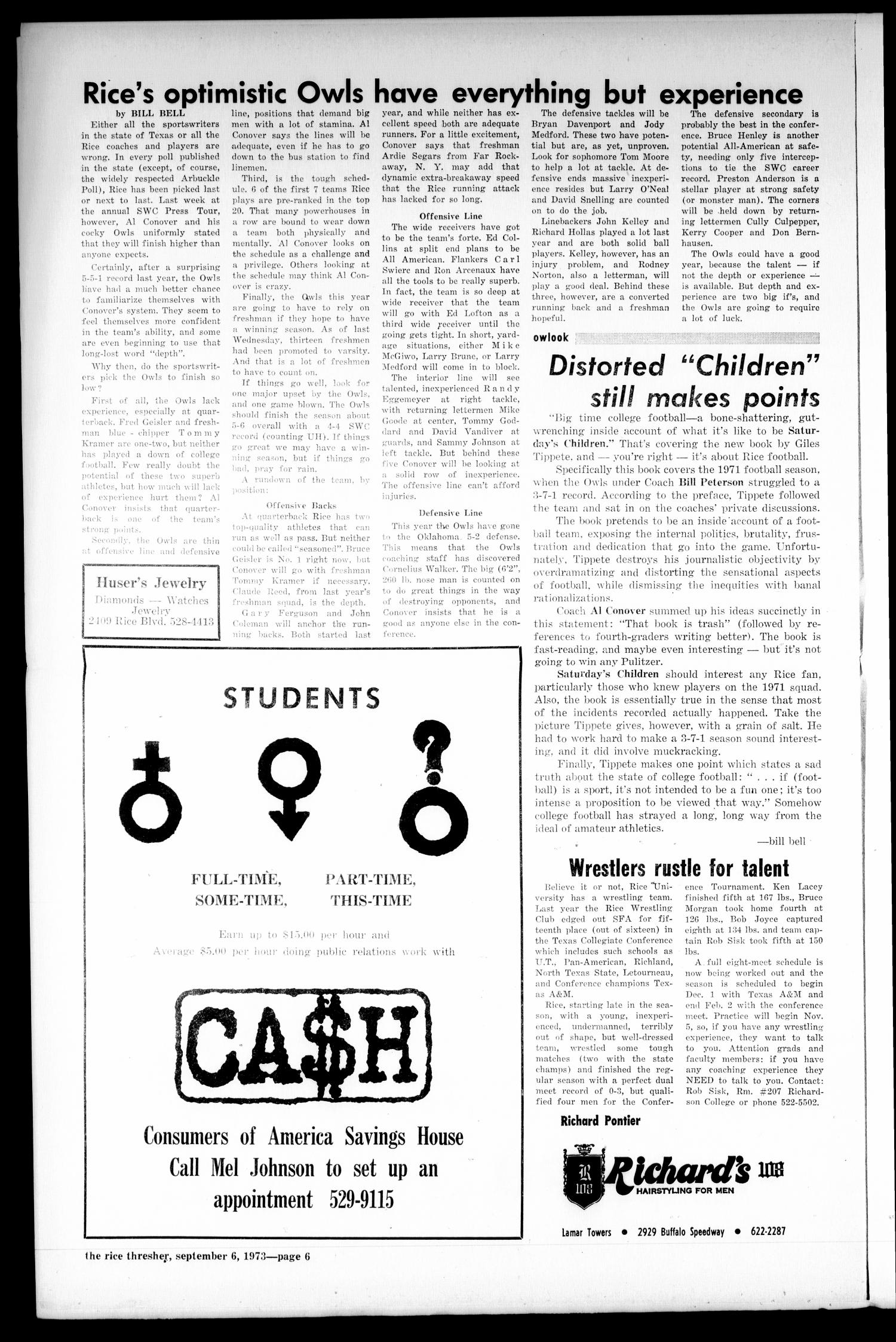 The Rice Thresher (Houston, Tex.), Vol. 61, No. 3, Ed. 1 Thursday, September 6, 1973
                                                
                                                    [Sequence #]: 6 of 10
                                                