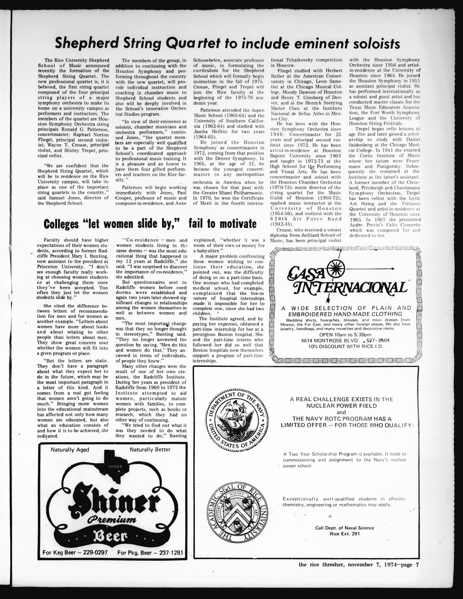 The Rice Thresher (Houston, Tex.), Vol. 62, No. 13, Ed. 1 Thursday, November 7, 1974
                                                
                                                    [Sequence #]: 7 of 16
                                                