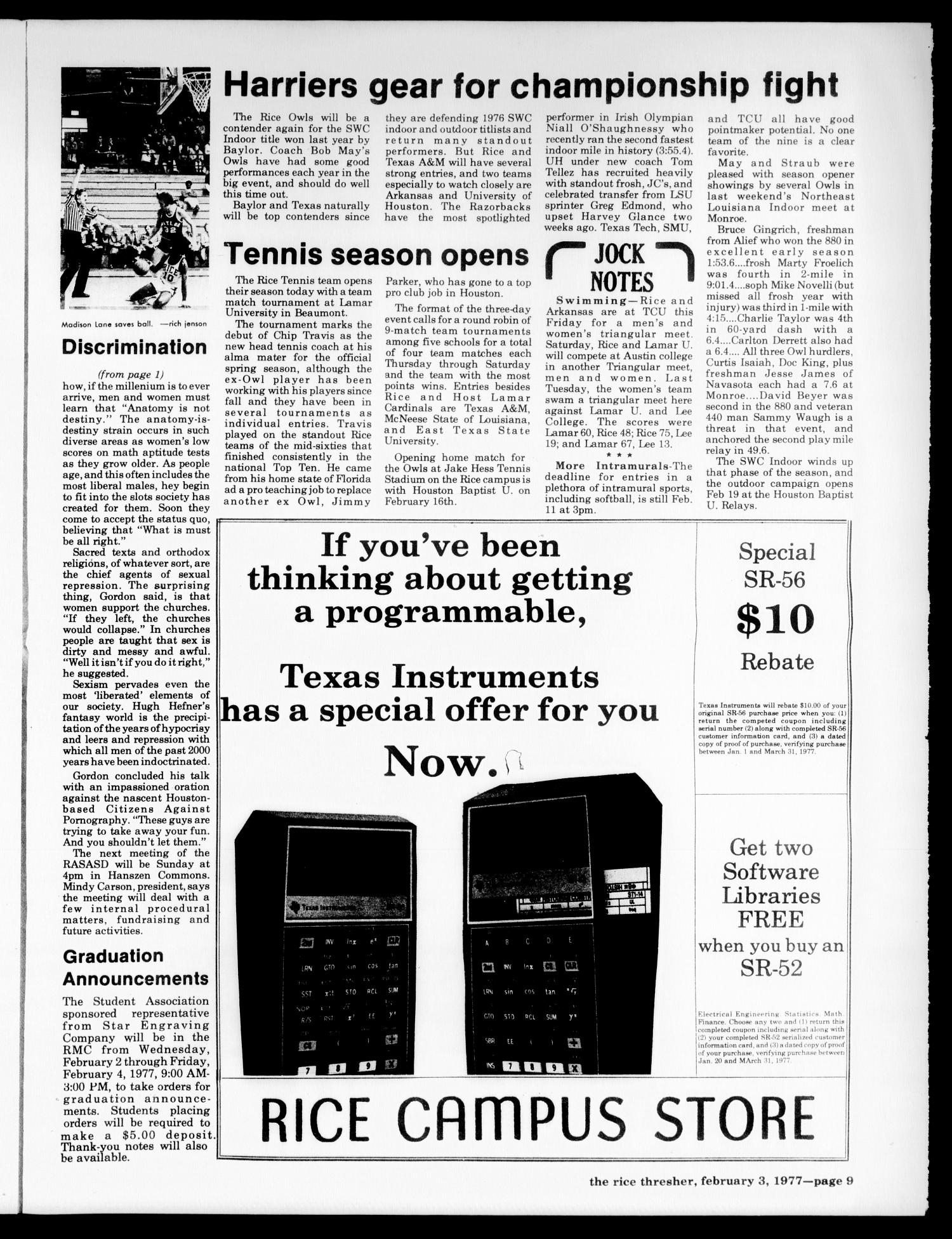 The Rice Thresher (Houston, Tex.), Vol. 64, No. 29, Ed. 1 Thursday, February 3, 1977
                                                
                                                    [Sequence #]: 9 of 12
                                                