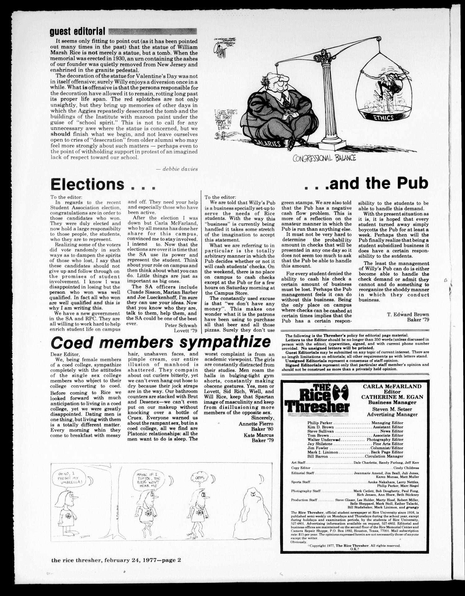 The Rice Thresher (Houston, Tex.), Vol. 64, No. 35, Ed. 1 Thursday, February 24, 1977
                                                
                                                    [Sequence #]: 2 of 12
                                                