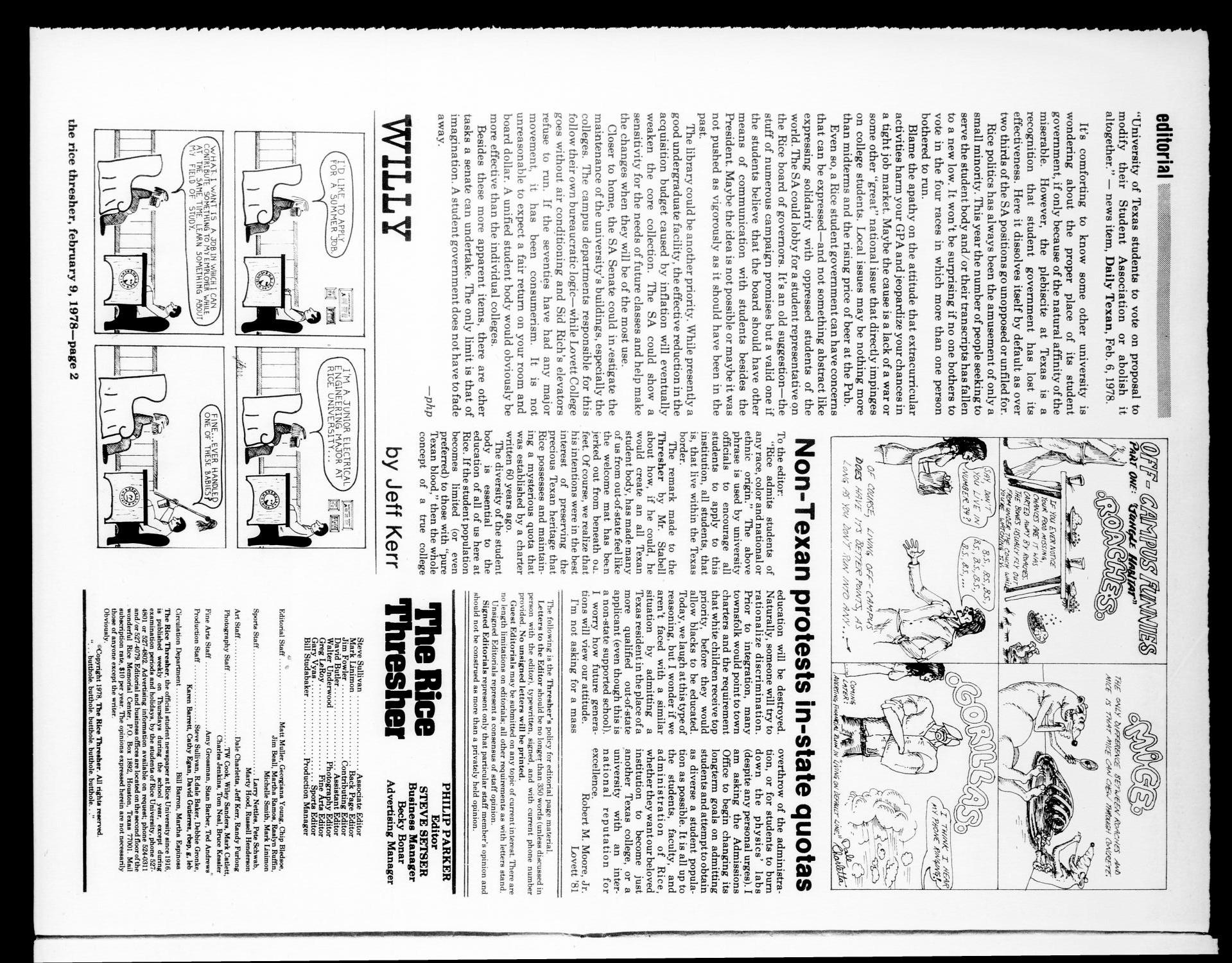The Rice Thresher (Houston, Tex.), Vol. 65, No. 23, Ed. 1 Thursday, February 9, 1978
                                                
                                                    [Sequence #]: 2 of 16
                                                