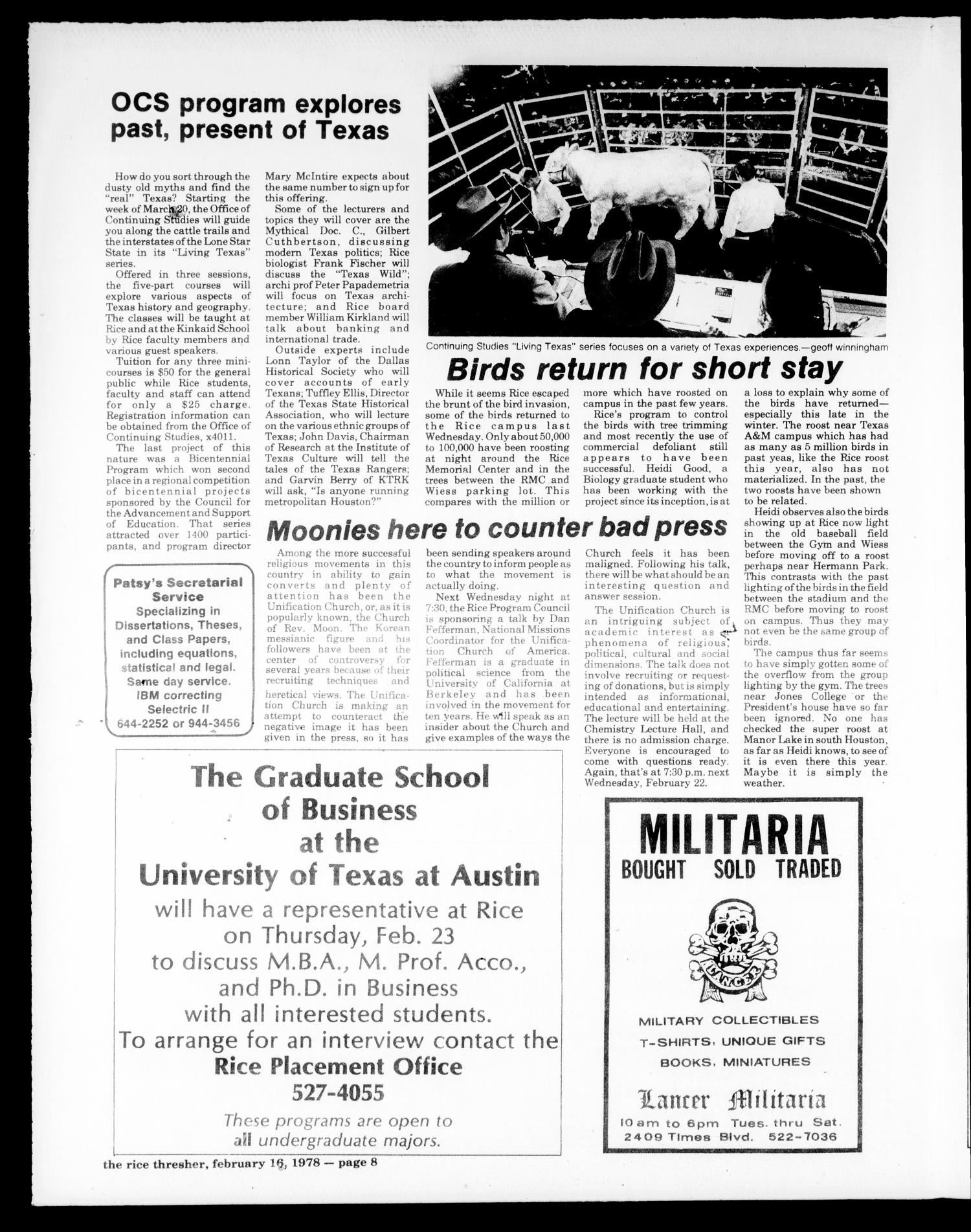 The Rice Thresher (Houston, Tex.), Vol. 65, No. 24, Ed. 1 Thursday, February 16, 1978
                                                
                                                    [Sequence #]: 8 of 16
                                                