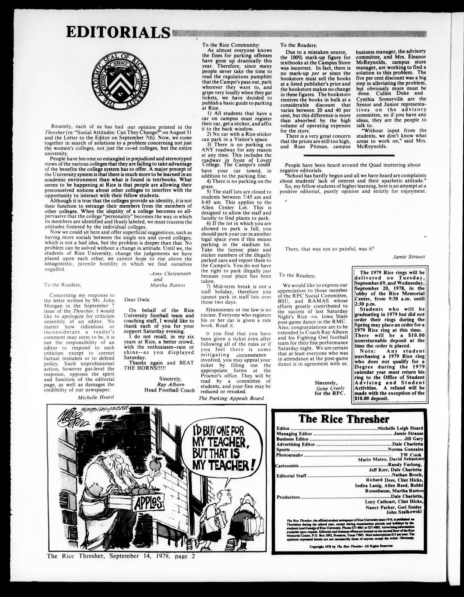 The Rice Thresher (Houston, Tex.), Vol. 66, No. 6, Ed. 1 Thursday, September 14, 1978
                                                
                                                    [Sequence #]: 2 of 14
                                                