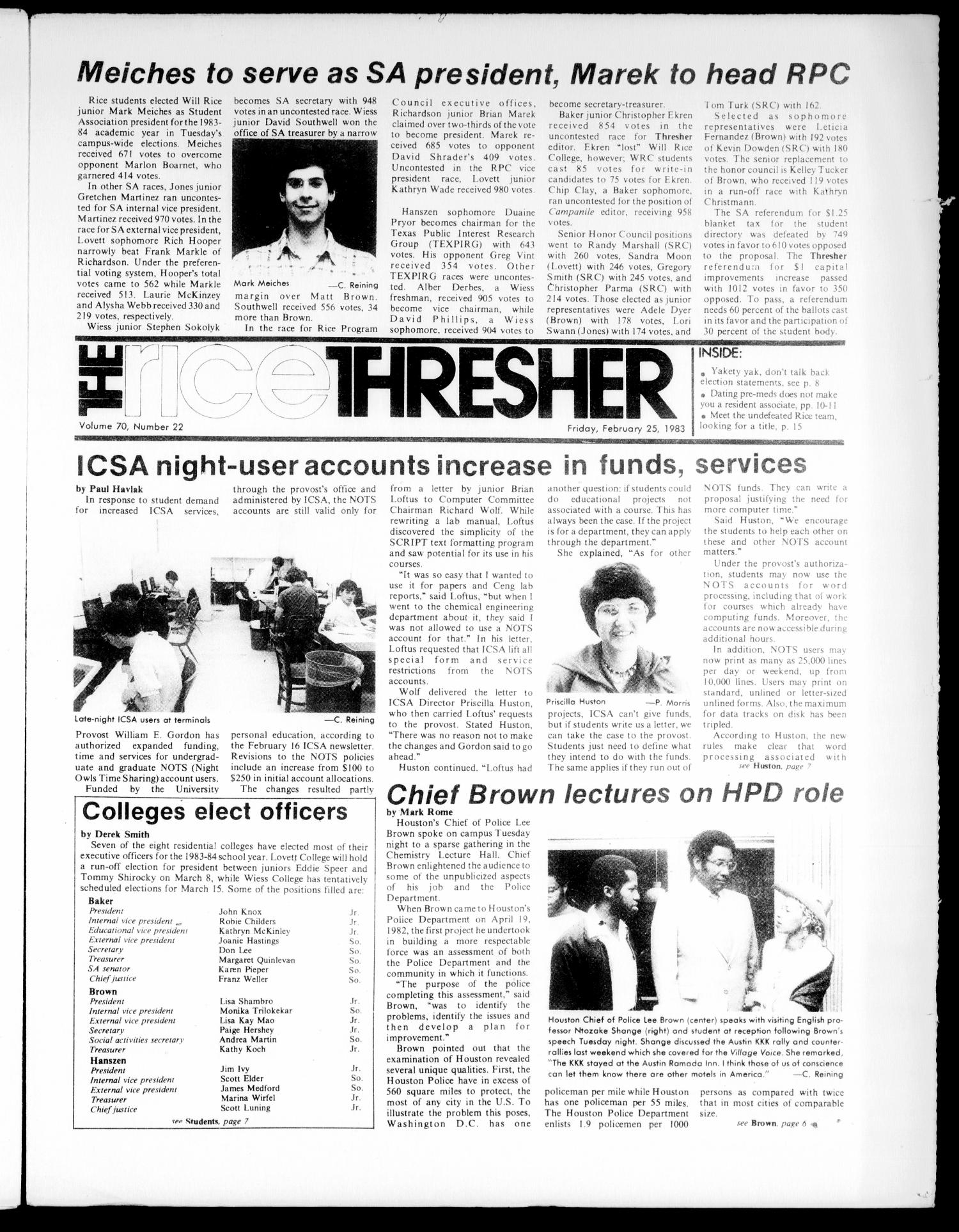 The Rice Thresher (Houston, Tex.), Vol. 70, No. 22, Ed. 1 Friday, February 25, 1983
                                                
                                                    [Sequence #]: 1 of 20
                                                